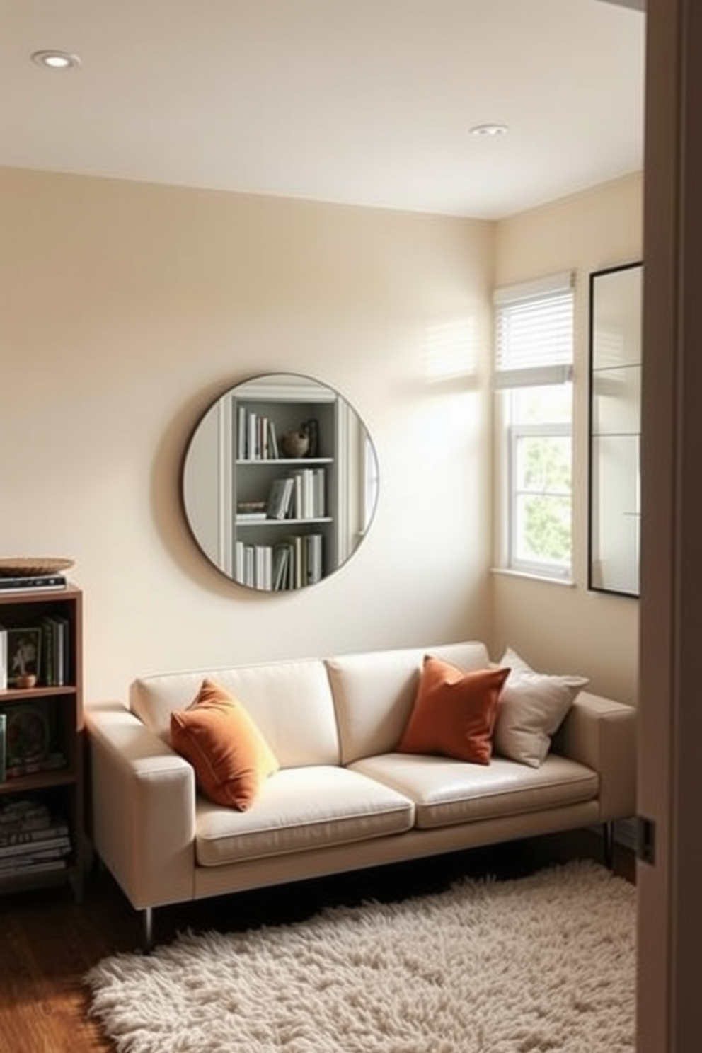 A cozy living room that utilizes mirrors to enhance the sense of space. The walls are painted in a soft beige, and a large round mirror hangs above a sleek sofa, reflecting natural light from the window. In the corner, a stylish bookshelf adds character, while a plush area rug anchors the seating arrangement. Decorative pillows in warm tones complement the overall inviting atmosphere of this small living room design.