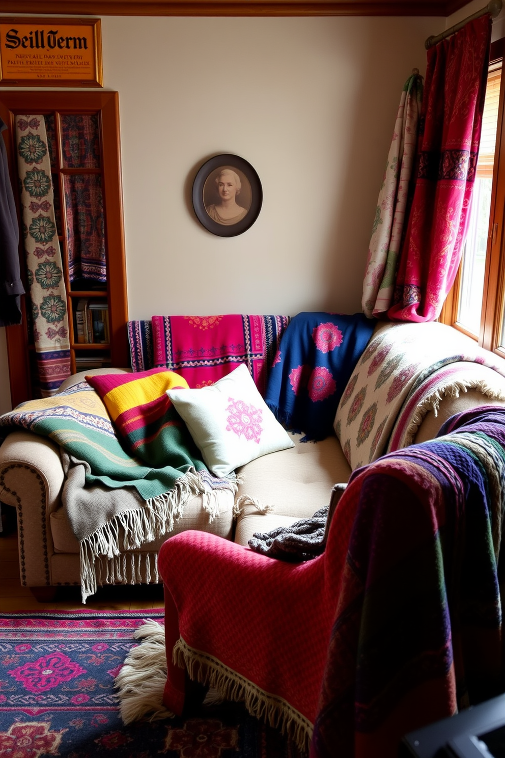 A cozy small living room adorned with colorful throws draped over a plush sofa and armchair. The space features a warm, inviting atmosphere with a mix of bright patterns and textures that add personality and charm.