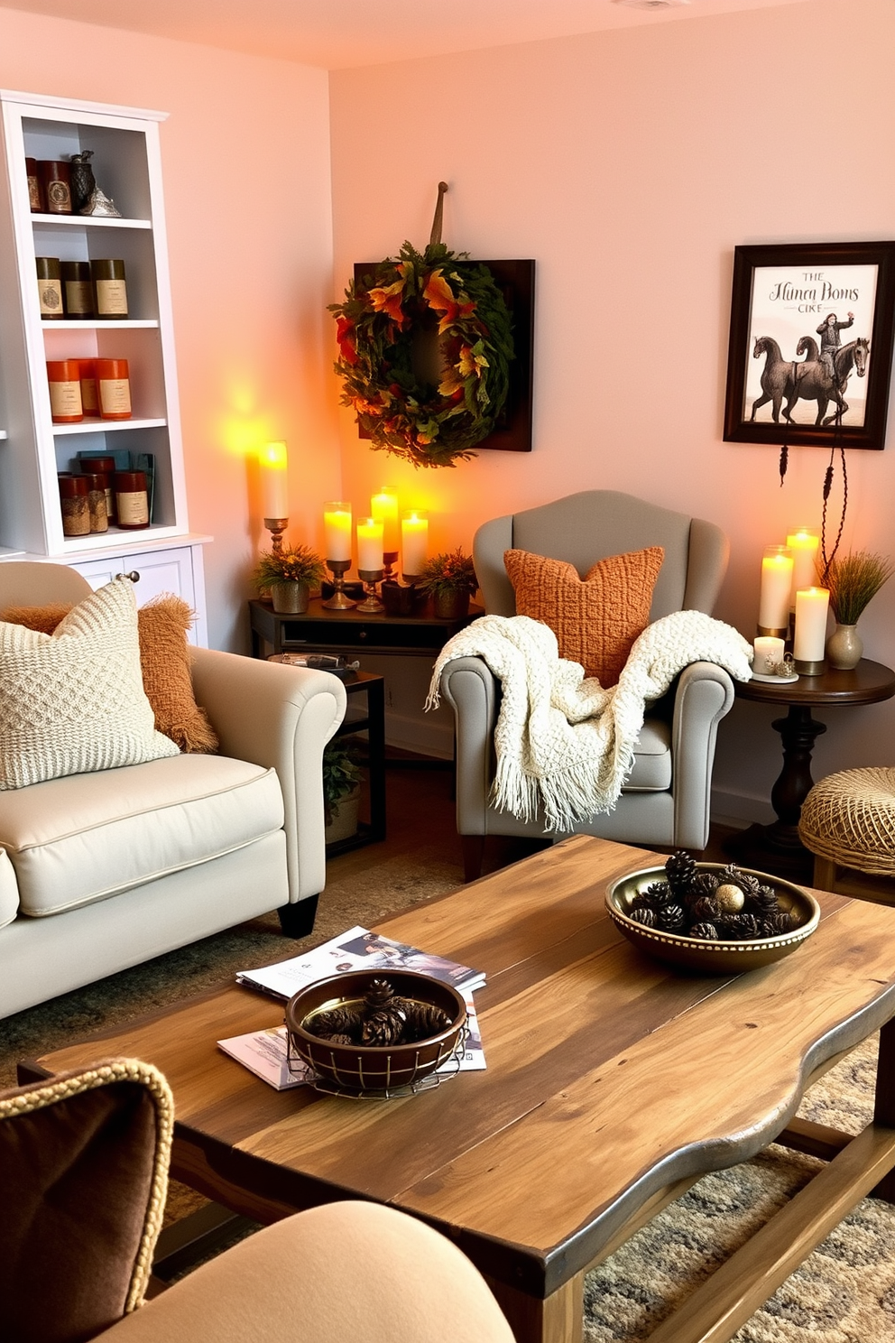 A cozy small living room adorned with seasonal candles casting a warm glow throughout the space. The decor features a mix of autumn colors with plush throw pillows and a soft knitted blanket draped over a stylish armchair. A rustic coffee table sits at the center, surrounded by a few scattered magazines and a decorative bowl filled with pinecones. The walls are painted in a neutral tone, allowing the vibrant seasonal accents to stand out beautifully.