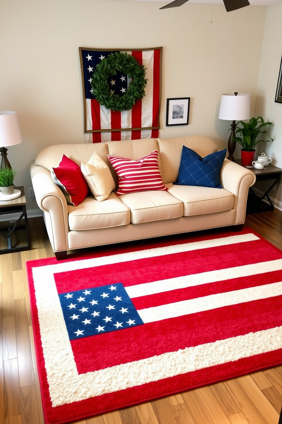 A cozy small living room features a vibrant red white and blue area rug that anchors the space. The rug complements a comfortable beige sofa adorned with throw pillows in coordinating colors, creating a festive atmosphere for Labor Day.