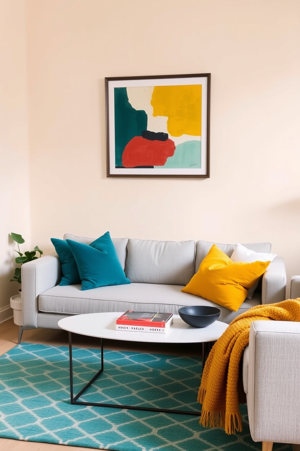 A cozy small living room featuring a neutral backdrop with soft beige walls and light gray furniture. Colorful accents come from vibrant throw pillows in shades of teal and mustard yellow, complemented by a bright area rug with geometric patterns. In the corner, a small potted plant adds a touch of greenery, while a framed abstract artwork in bold colors hangs above the sofa. A sleek coffee table holds a stack of art books and a decorative bowl, enhancing the inviting atmosphere of the space.