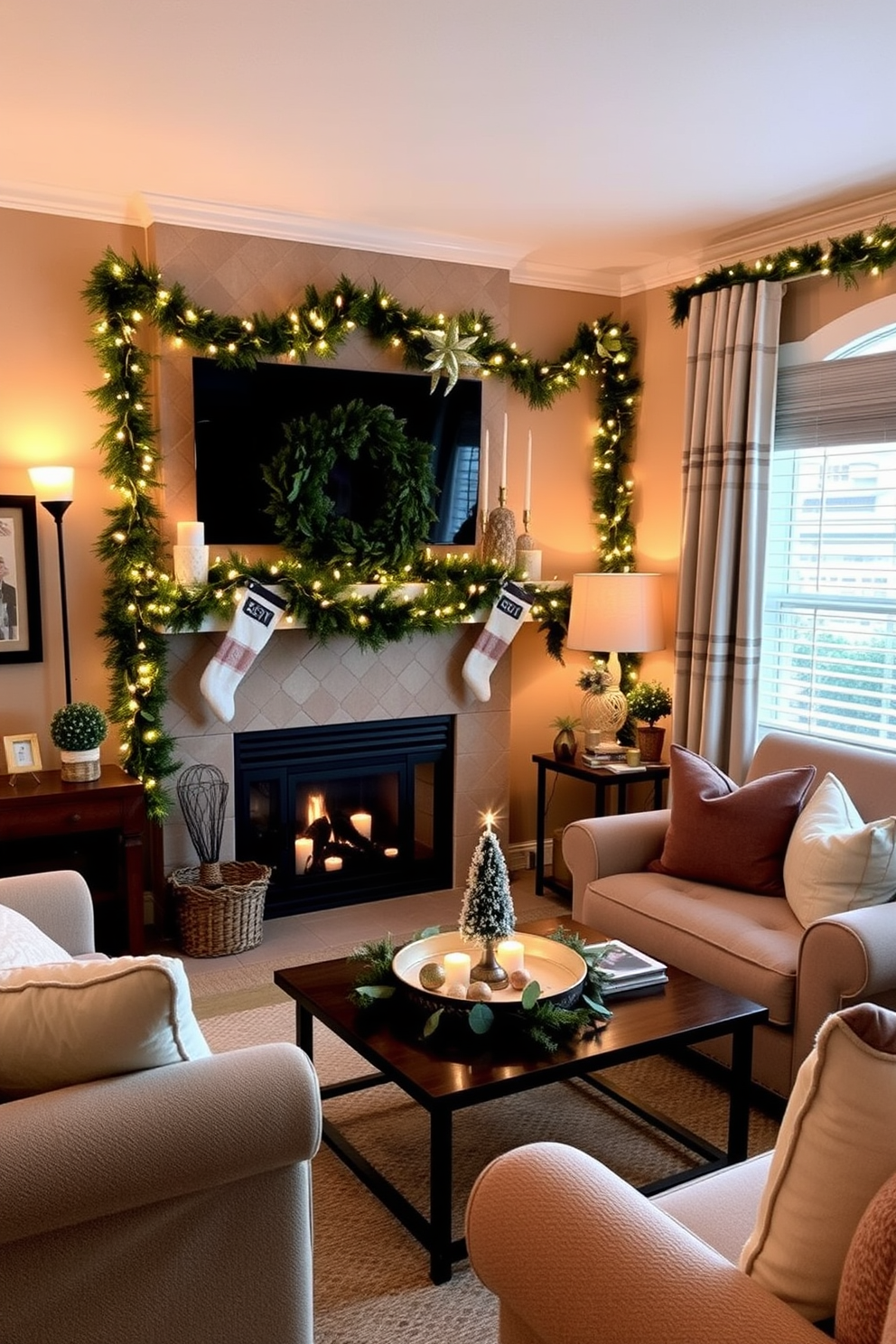 A cozy small living room adorned with festive garlands draped elegantly over the mantel. The space features a warm color palette, complemented by plush seating and a coffee table adorned with seasonal decor.