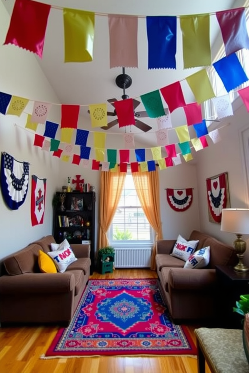 Colorful banners hang from the ceiling, creating a festive atmosphere for Labor Day celebrations. The small living room features a cozy arrangement of furniture, with a vibrant rug anchoring the space and accent pillows adding splashes of color.