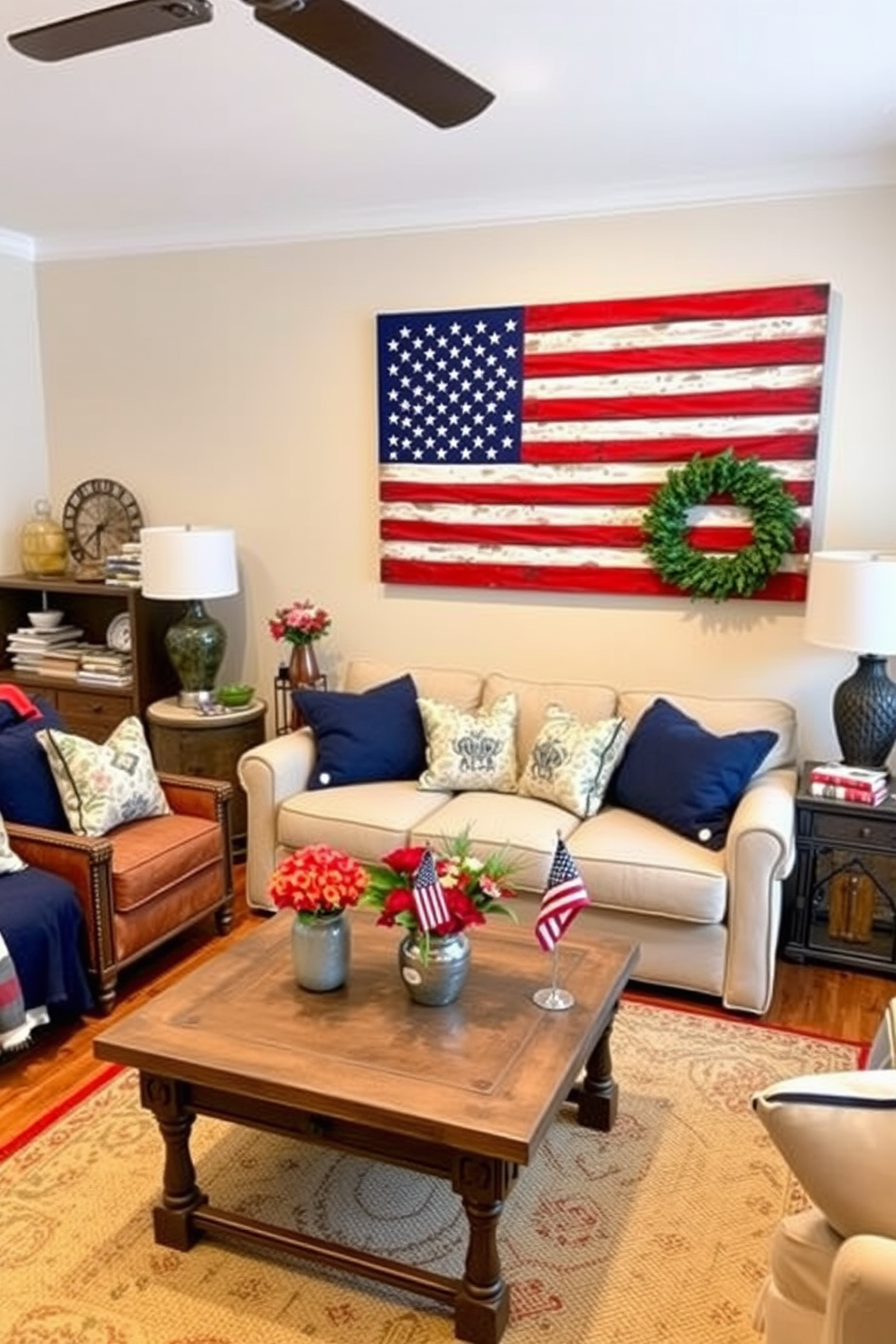 A cozy living room featuring an American flag wall art display that serves as a focal point. The space is decorated with comfortable seating, a rustic coffee table, and accents that celebrate the spirit of Labor Day.