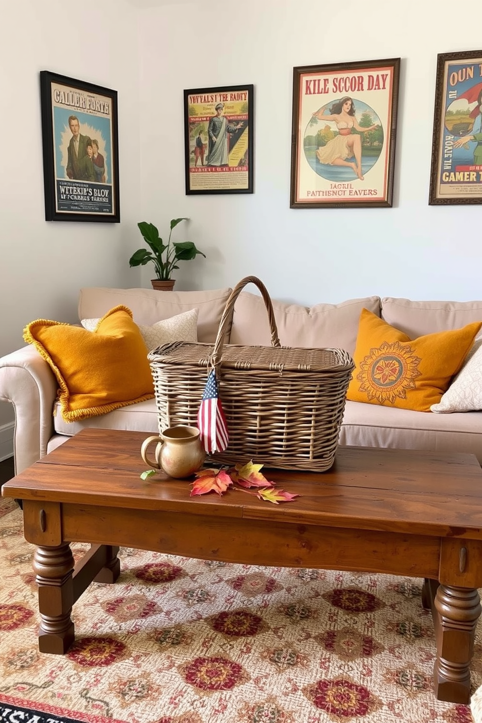 A vintage picnic basket is placed on a rustic wooden coffee table, adding a charming touch to the room. Surrounding the basket are cozy throw pillows in warm autumn colors, creating an inviting atmosphere for Labor Day gatherings. In the small living room, a soft beige sofa is paired with a patterned area rug that complements the picnic basket. On the walls, framed vintage posters evoke a sense of nostalgia, enhancing the overall decor.