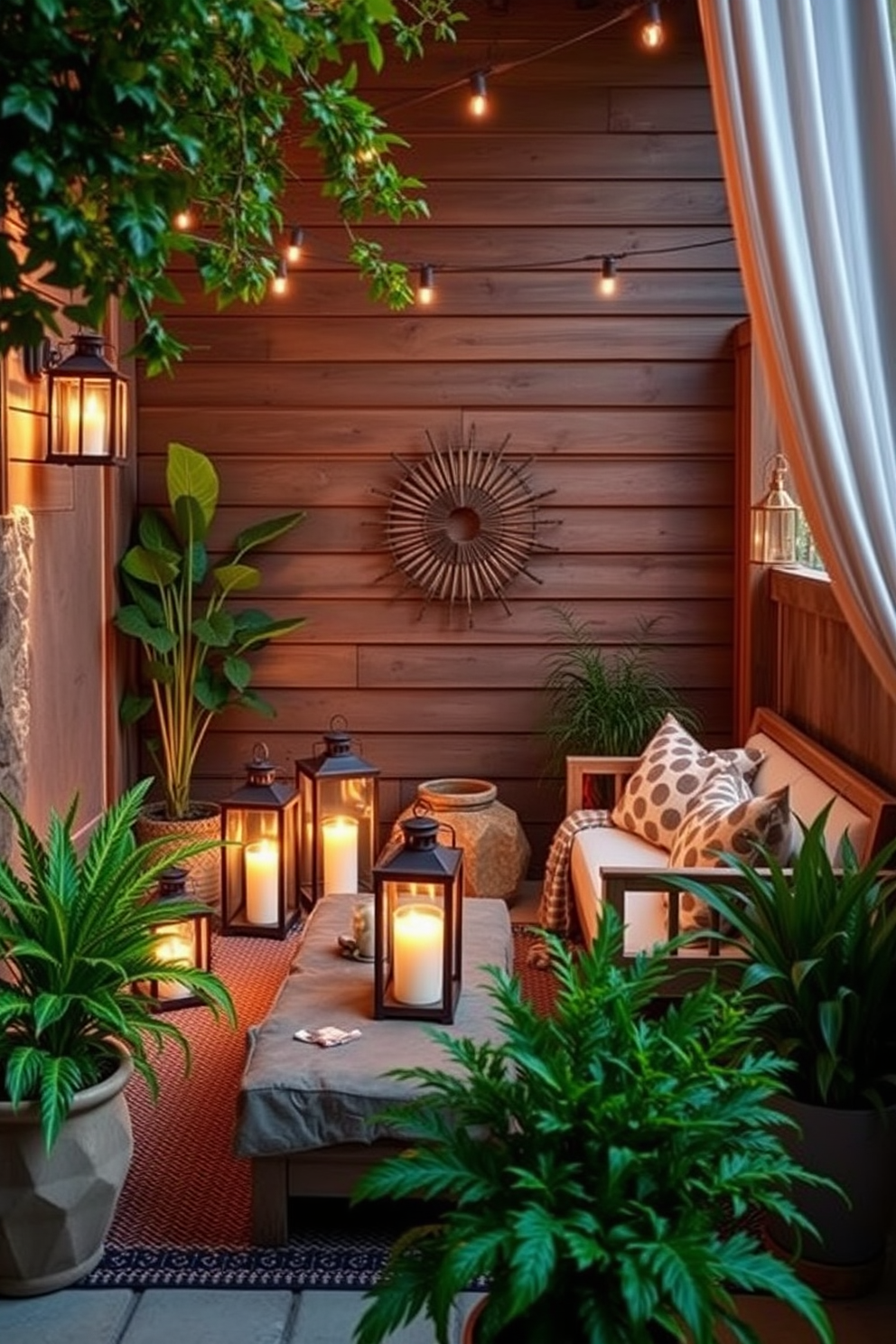 Create a cozy small living room that embodies outdoor inspiration. Incorporate lanterns with soft lighting placed strategically around the space to enhance the ambiance. Use natural materials like wood and stone to complement the overall design. Add greenery through potted plants to bring a touch of the outdoors inside.