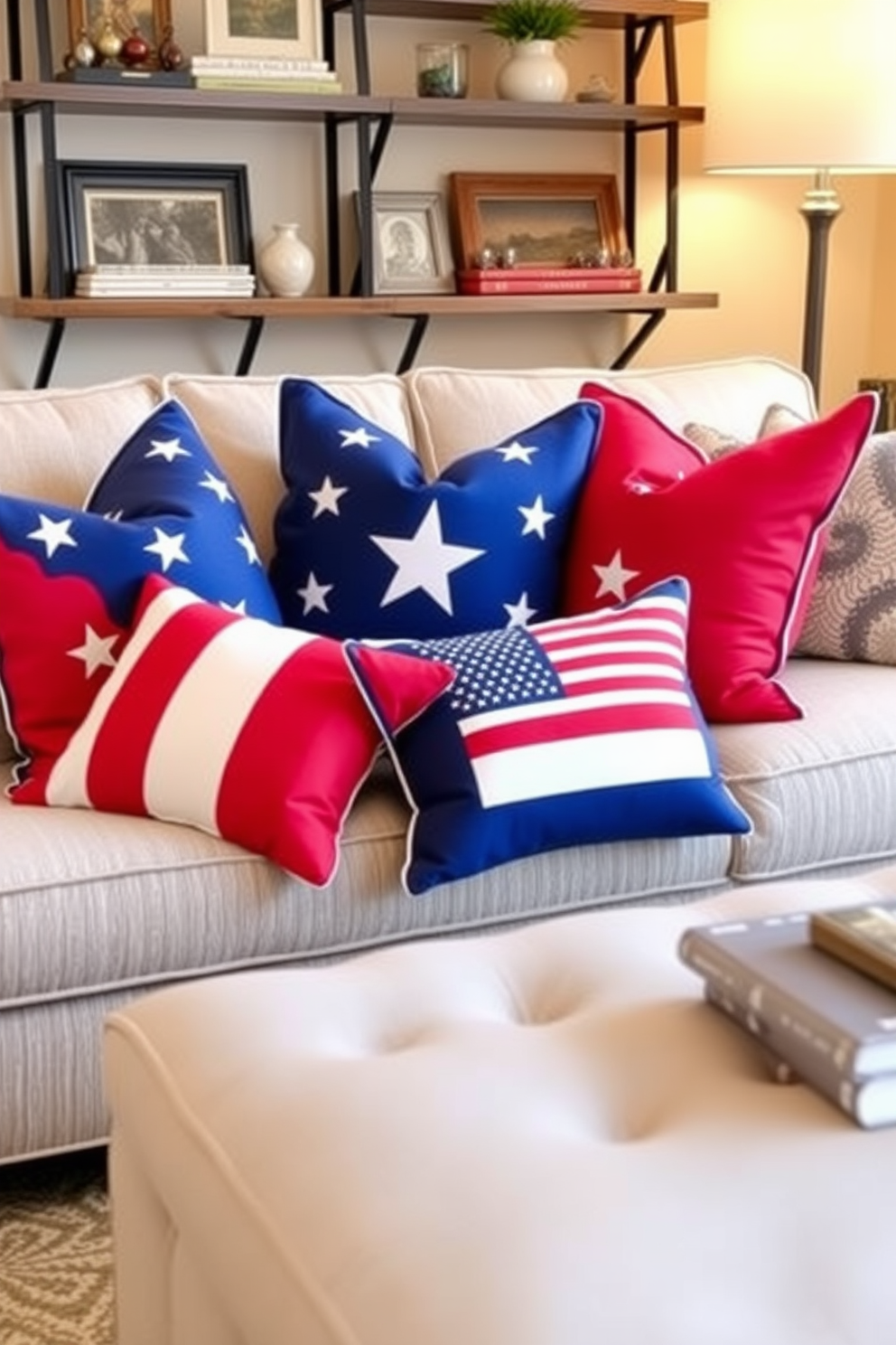 Patriotic throw pillows in vibrant red, white, and blue are arranged on a plush, neutral-colored sofa. The pillows feature stars and stripes patterns, adding a festive touch to the cozy living room. Small space decorating ideas include using multifunctional furniture such as a stylish ottoman that doubles as storage. Wall-mounted shelves display decorative items while maximizing floor space, creating an inviting atmosphere.