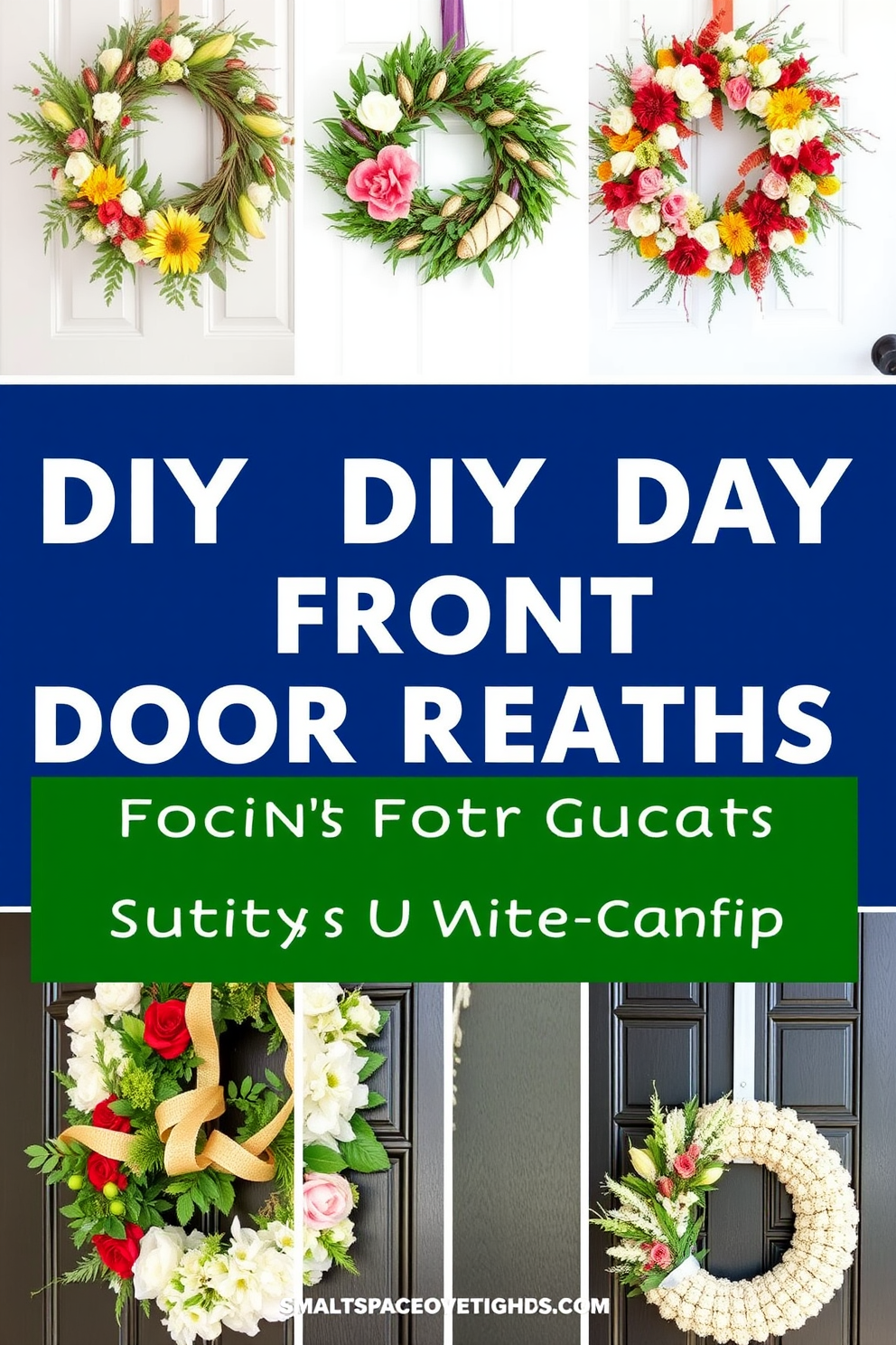 A collection of DIY wreaths designed for front door decor featuring seasonal elements. Each wreath incorporates vibrant colors and textures, perfect for welcoming guests on Labor Day. Creative small space decorating ideas that maximize functionality while maintaining style. The designs include multi-purpose furniture and clever storage solutions to enhance the aesthetic of compact living areas.