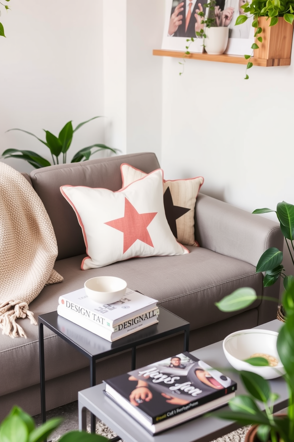 Create a cozy living room scene featuring accent pillows adorned with star patterns. The pillows are arranged on a sleek gray sofa, complemented by a soft, textured throw blanket draped over the armrest. Incorporate a small coffee table in front of the sofa, topped with a stack of design books and a decorative bowl. Surround the space with indoor plants to add a touch of greenery and warmth to the small area.