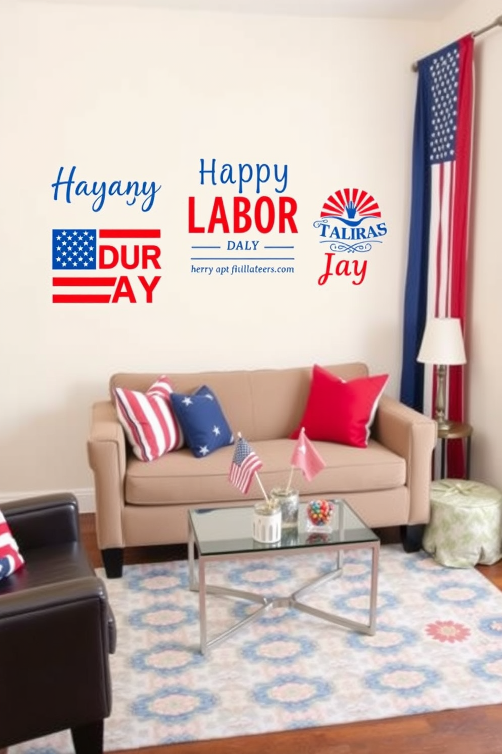 A cozy living room featuring wall decals in red, white, and blue that celebrate Labor Day. The space is adorned with a small, stylish sofa, a vibrant area rug, and decorative throw pillows that complement the wall art. In the corner, a compact coffee table holds a festive centerpiece with mini flags and seasonal decor. The walls are painted in a light neutral tone to enhance the bold colors of the decals and furnishings.