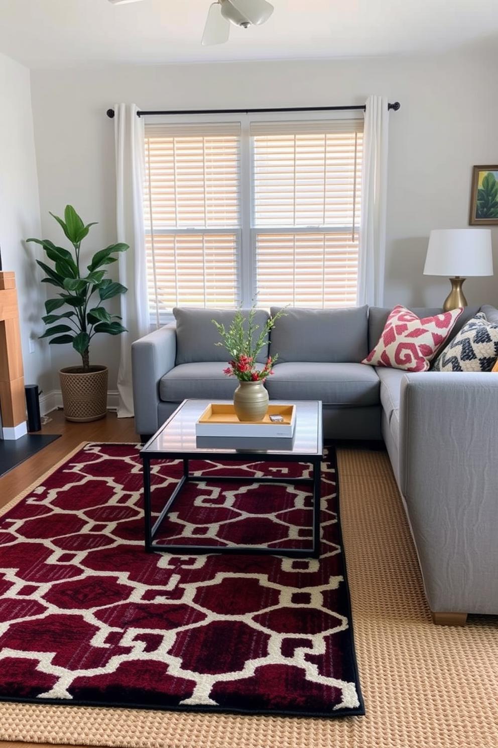 Layered rugs in a cozy living room create a warm and inviting atmosphere. The top rug features a bold geometric pattern, while the bottom rug is a soft, neutral jute that adds depth and contrast. For Labor Day, small space decorating ideas can include using multifunctional furniture to maximize utility. Incorporate vibrant colors and seasonal decorations to celebrate the holiday while maintaining an uncluttered look.