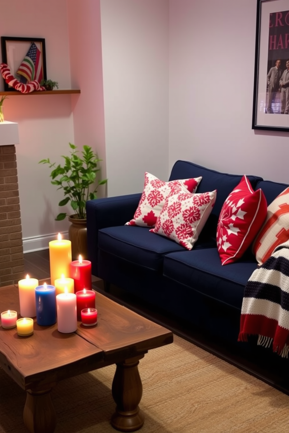 A cozy living room adorned with seasonal candles in festive colors. The candles are arranged on a rustic wooden coffee table, casting a warm glow across the room. In the corner, a small potted plant adds a touch of greenery. The walls are decorated with subtle artwork that complements the festive theme without overwhelming the space. For Labor Day, consider a chic and functional small space design. A compact sofa in navy blue is accented with bright red and white throw pillows, creating a patriotic yet stylish atmosphere.