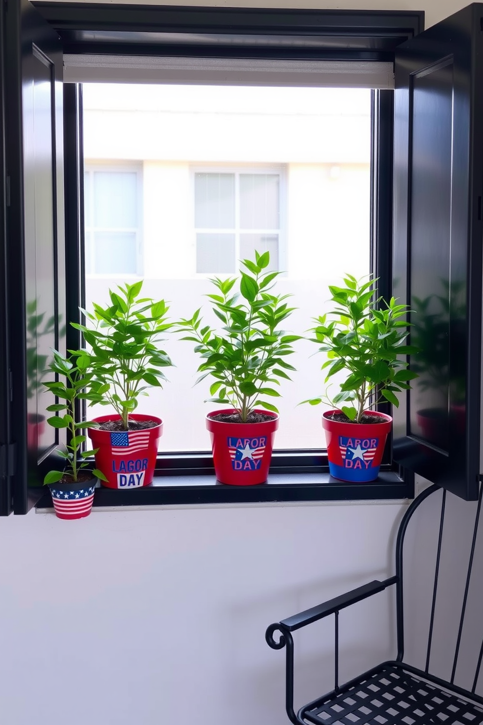 Small potted plants are arranged on a windowsill, each in a pot adorned with patriotic colors and designs celebrating Labor Day. The vibrant greenery contrasts beautifully with the red, white, and blue of the pots, creating a festive yet serene atmosphere in the small space. In the corner, a cozy seating area features a compact chair and a small side table, perfect for enjoying a morning coffee. The decor is minimal yet inviting, with the potted plants adding a touch of life and color to the room.