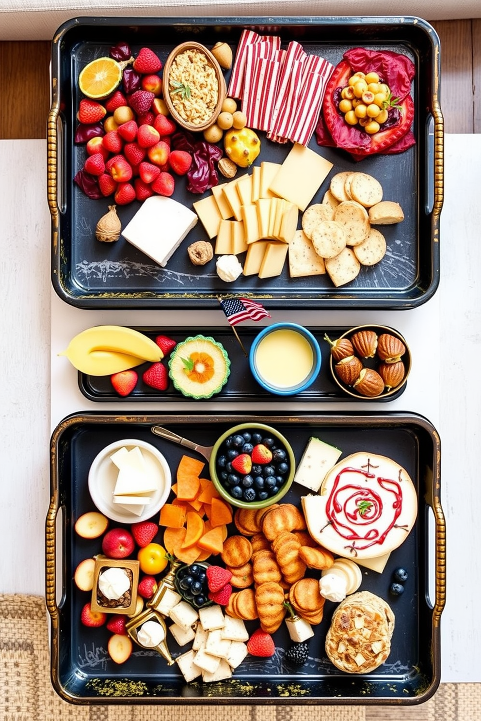 A stylish arrangement of decorative trays featuring a variety of themed snacks for a Labor Day celebration. The trays are adorned with vibrant colors and textures, showcasing seasonal fruits, artisanal cheeses, and festive treats. Clever small space decorating ideas that maximize functionality and style. Incorporate multi-purpose furniture, vibrant accents, and strategic lighting to create an inviting atmosphere.