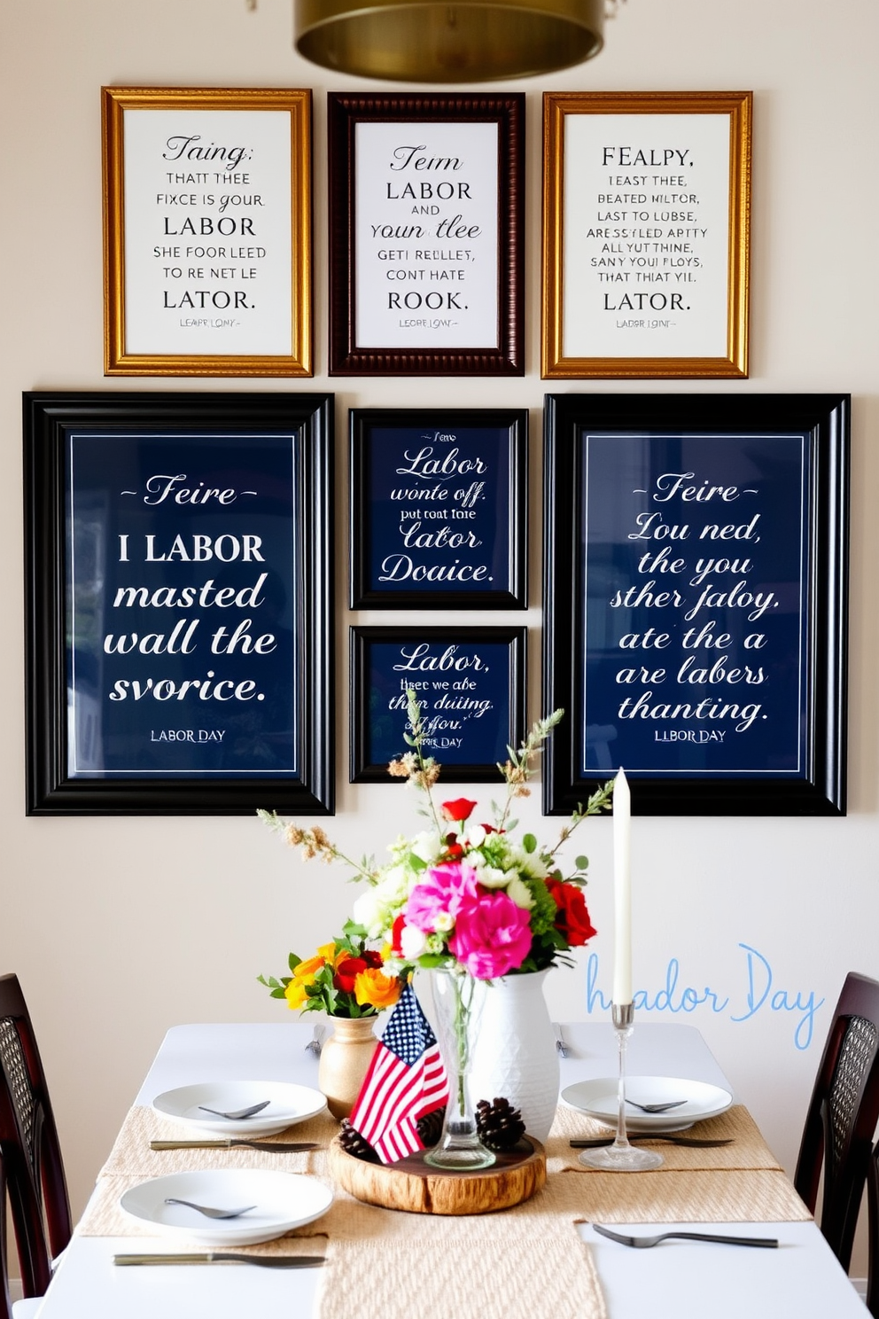 Framed quotes about labor and unity adorn the walls, each one beautifully displayed in elegant frames. The quotes are artistically arranged to create a cohesive gallery wall that inspires and uplifts. For Labor Day, a festive table setting showcases vibrant colors and seasonal decor. The table is adorned with fresh flowers and rustic elements that celebrate the spirit of the holiday. Small space decorating ideas feature multifunctional furniture that maximizes utility without sacrificing style. Clever storage solutions and strategic layouts create an inviting atmosphere in compact living areas.