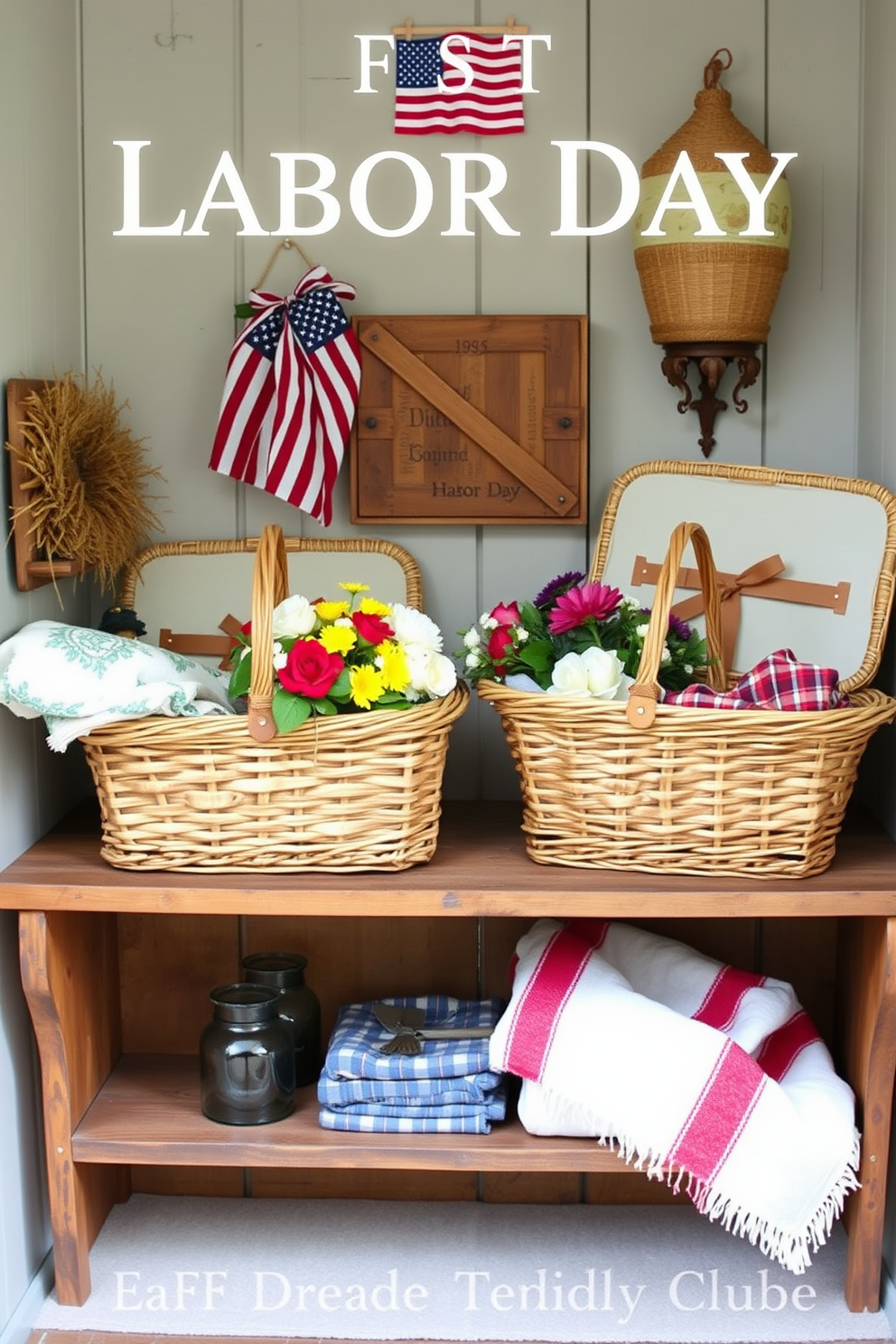 A charming small space decorated for Labor Day features vintage-style picnic baskets artfully arranged on a rustic wooden shelf. The baskets are filled with seasonal flowers and colorful throw blankets, creating a warm and inviting atmosphere.