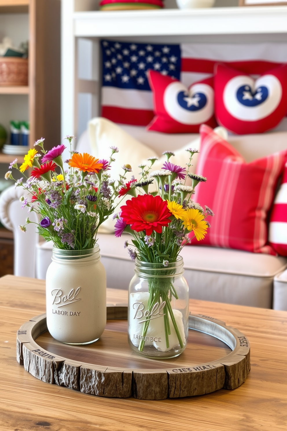 Charming mason jars filled with fresh wildflowers are arranged on a rustic wooden table. The vibrant colors of the flowers contrast beautifully with the earthy tones of the jars, creating a warm and inviting atmosphere. For Labor Day, the space is adorned with subtle patriotic accents, such as red, white, and blue throw pillows on a cozy couch. Small space decorating ideas include utilizing vertical shelving to display seasonal decor while maintaining an open and airy feel.