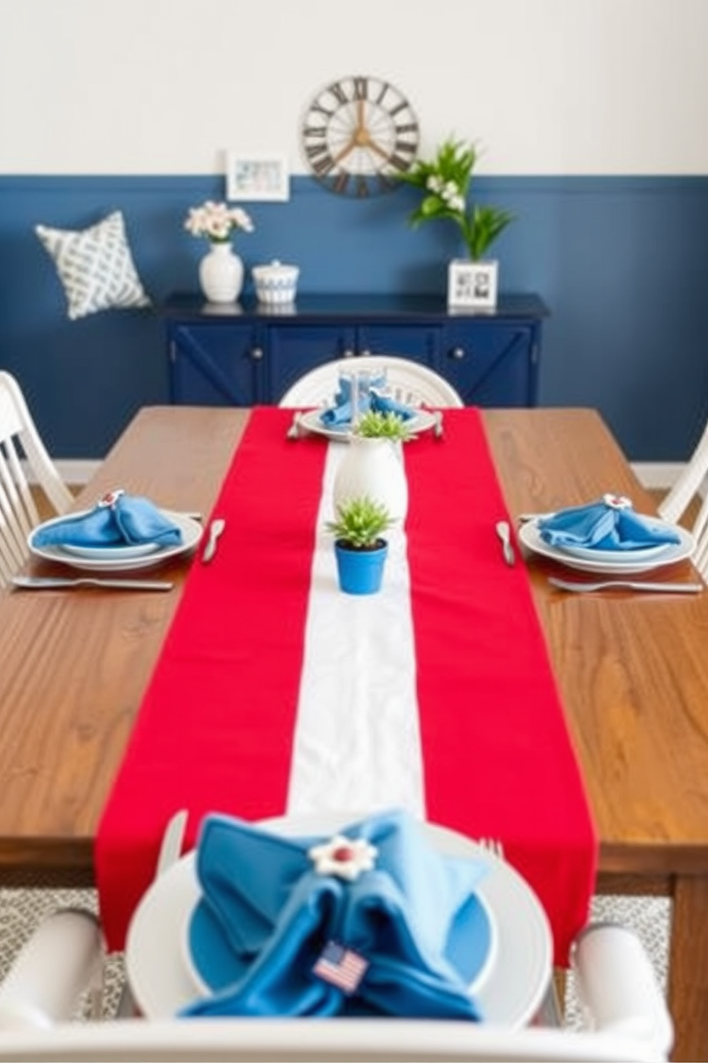 A vibrant table setting featuring a red white and blue table runner that adds a festive touch for Labor Day. The table is adorned with simple yet elegant decorations, including small potted plants and minimalistic dinnerware to maximize space while maintaining style. Creative small space decorating ideas that incorporate patriotic colors and themes. The use of multi-functional furniture and clever storage solutions enhances the aesthetic while ensuring the area remains inviting and organized.