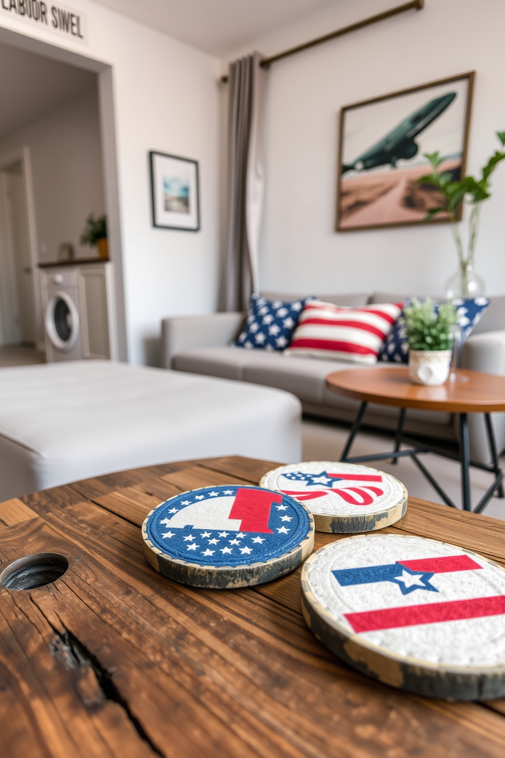 A set of patriotic-themed coasters is placed on a rustic wooden table. The coasters feature designs of red white and blue stars and stripes adding a festive touch to the Labor Day celebration. In a cozy apartment living room a small space is decorated with multi-functional furniture. A sleek sofa doubles as a bed while a round coffee table offers storage beneath its surface.