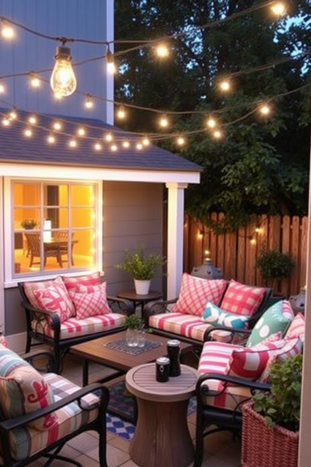 A cozy outdoor space illuminated by hanging string lights creates a warm and inviting atmosphere. The lights are draped elegantly across the patio, casting a soft glow over the seating area. For Labor Day, consider small space decorating ideas that maximize style and comfort. Incorporate colorful cushions and a small table for refreshments, ensuring the space feels festive and welcoming.