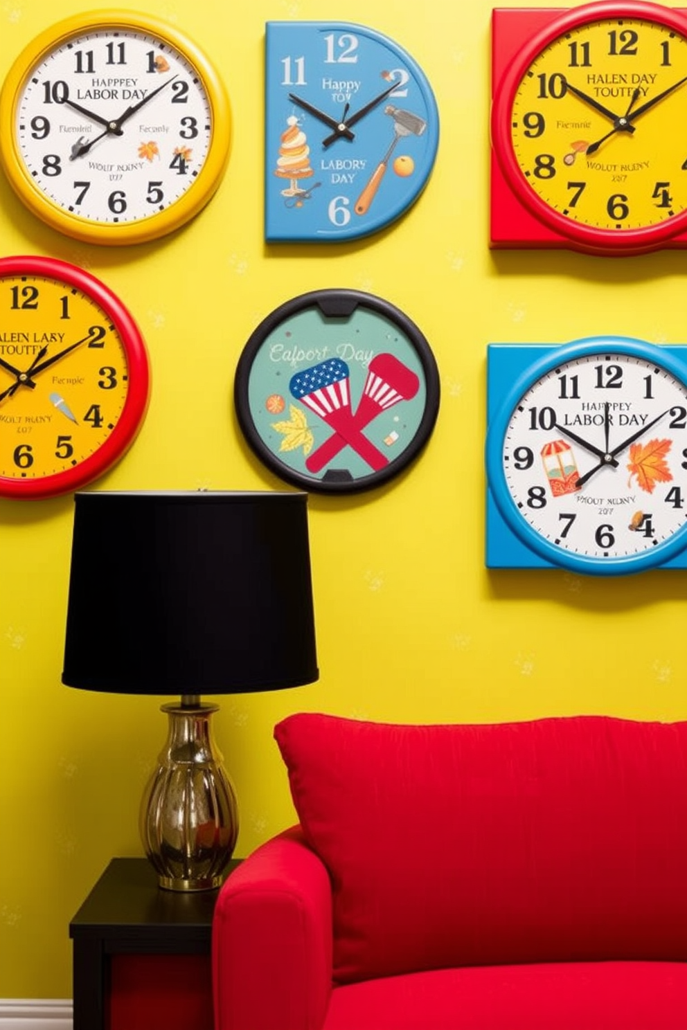 Colorful wall clocks with holiday themes featuring vibrant designs celebrating Labor Day. Each clock showcases symbols of the holiday such as tools, picnic elements, and autumn leaves against a bright background. Small space decorating ideas that maximize functionality while maintaining aesthetic appeal. Incorporate multi-purpose furniture, clever storage solutions, and light color palettes to create an inviting atmosphere.