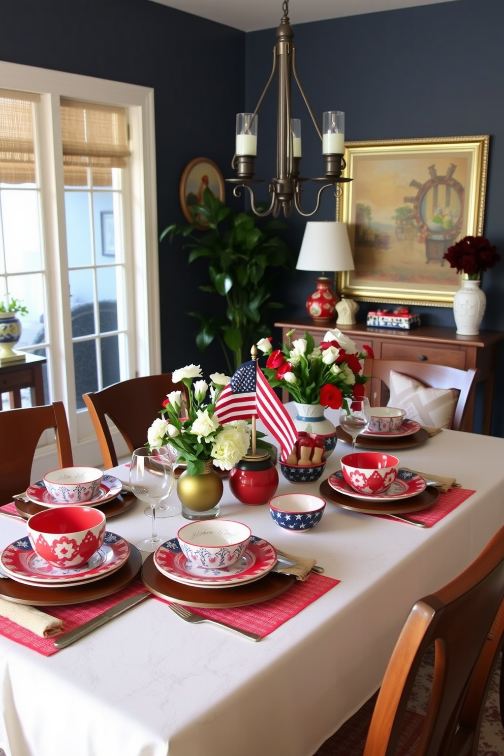 A beautifully set dining table for Labor Day features seasonal dishware with red, white, and blue patterns. The table is adorned with fresh flowers and festive decorations, creating a warm and inviting atmosphere. Small space decorating ideas include utilizing multi-functional furniture that maximizes usability without sacrificing style. Incorporate light colors and mirrors to create an illusion of spaciousness while adding personal touches through art and decor.