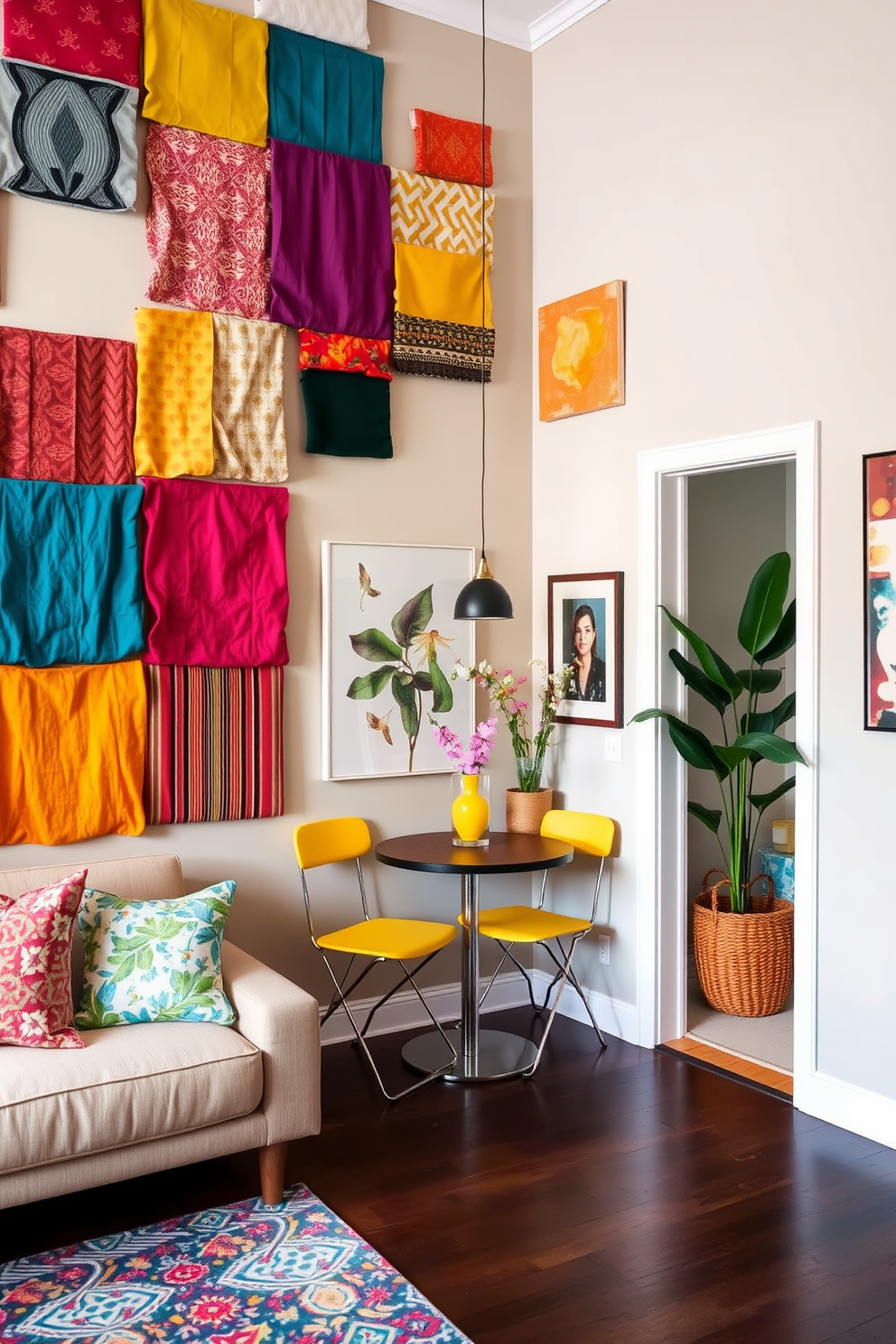 A vibrant living room featuring creative fabric wall art made from colorful textiles. The walls are adorned with various fabric panels that add texture and warmth to the space. A cozy corner nook with a small bistro table and chairs designed for compact living. The decor includes bright accents and clever storage solutions to maximize the functionality of the small area.