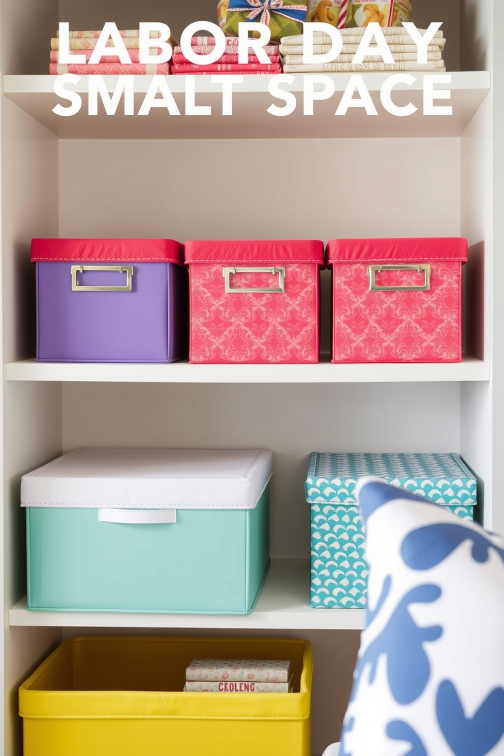 Stylish storage boxes in festive colors are arranged neatly on a shelf, adding a pop of vibrancy to the room. The boxes are made of durable materials and feature playful patterns that enhance the overall decor. Labor Day small space decorating ideas focus on maximizing functionality while maintaining aesthetic appeal. Cozy seating options and multi-purpose furniture pieces create an inviting atmosphere in limited areas.