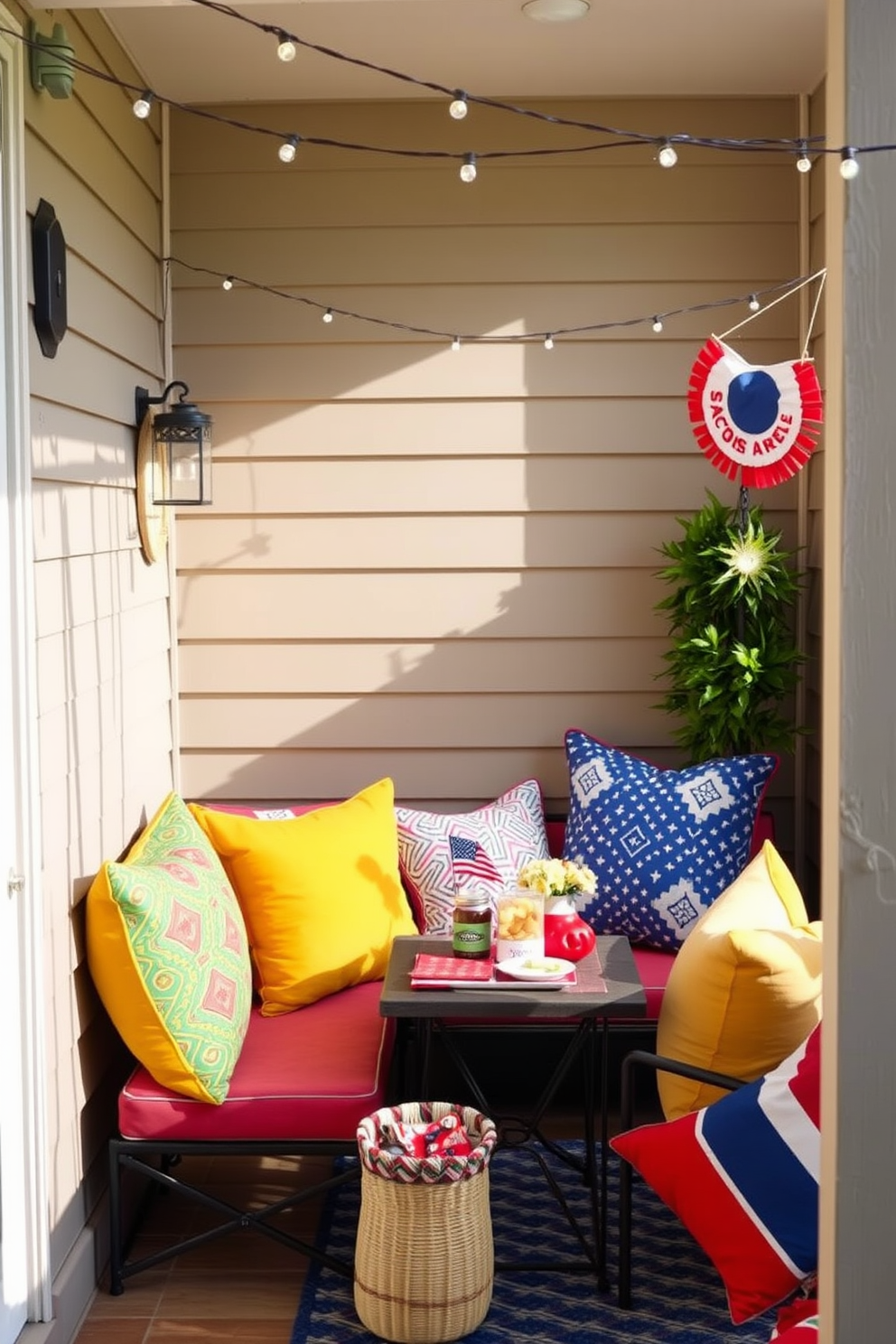 Brightly colored outdoor cushions are arranged on a cozy patio seating area. The cushions feature vibrant patterns and textures, adding a playful touch to the outdoor space. Labor Day celebrations inspire a small space decorated with festive accents. String lights are draped overhead, and a small table is set with seasonal decorations and snacks for guests.