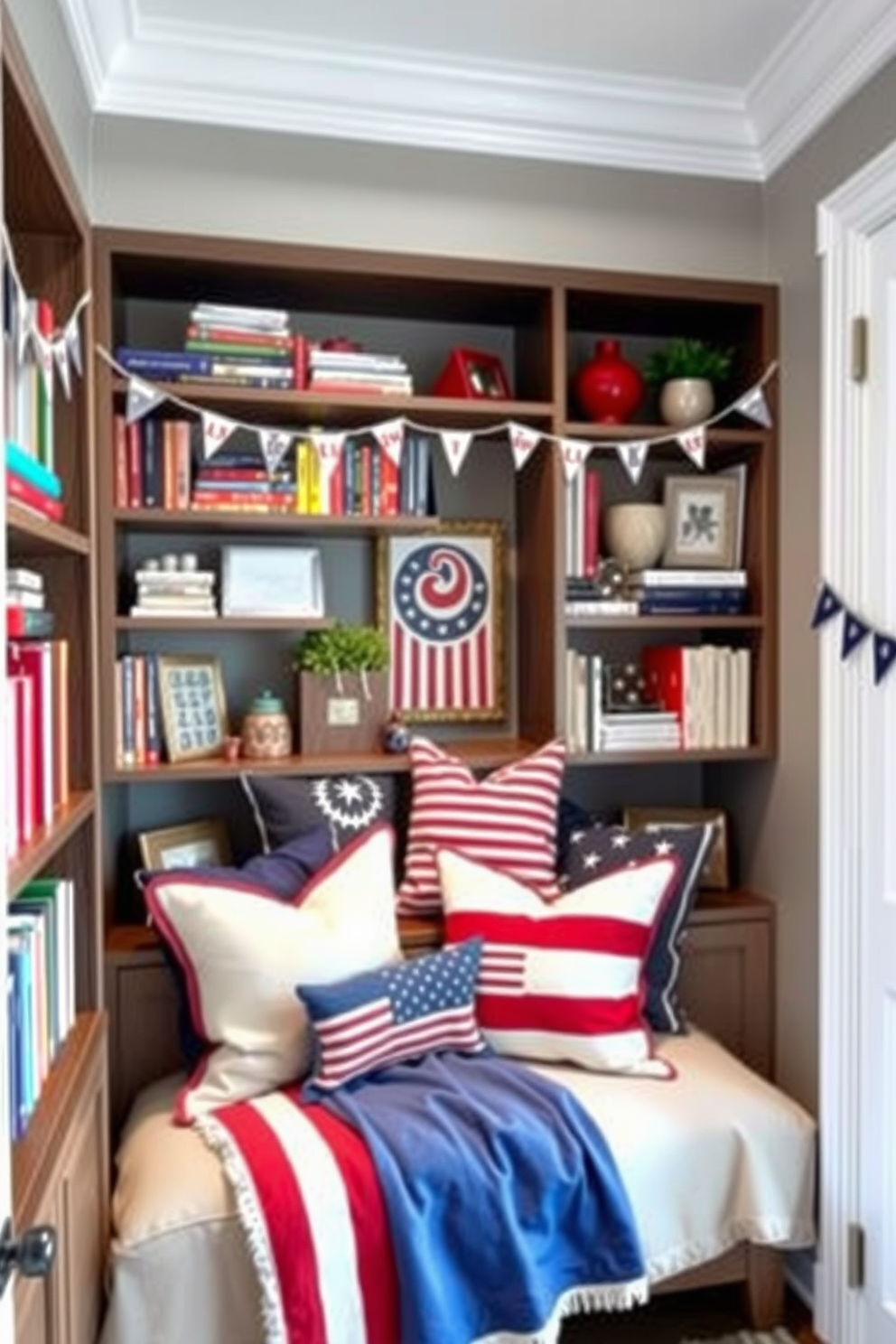 A cozy reading nook featuring bookshelves adorned with mini bunting. The shelves are filled with colorful books and decorative items, creating a cheerful atmosphere. A stylish small space decorated for Labor Day with red, white, and blue accents. The room includes a compact seating area with a patriotic throw blanket and cushions, enhancing the festive spirit.