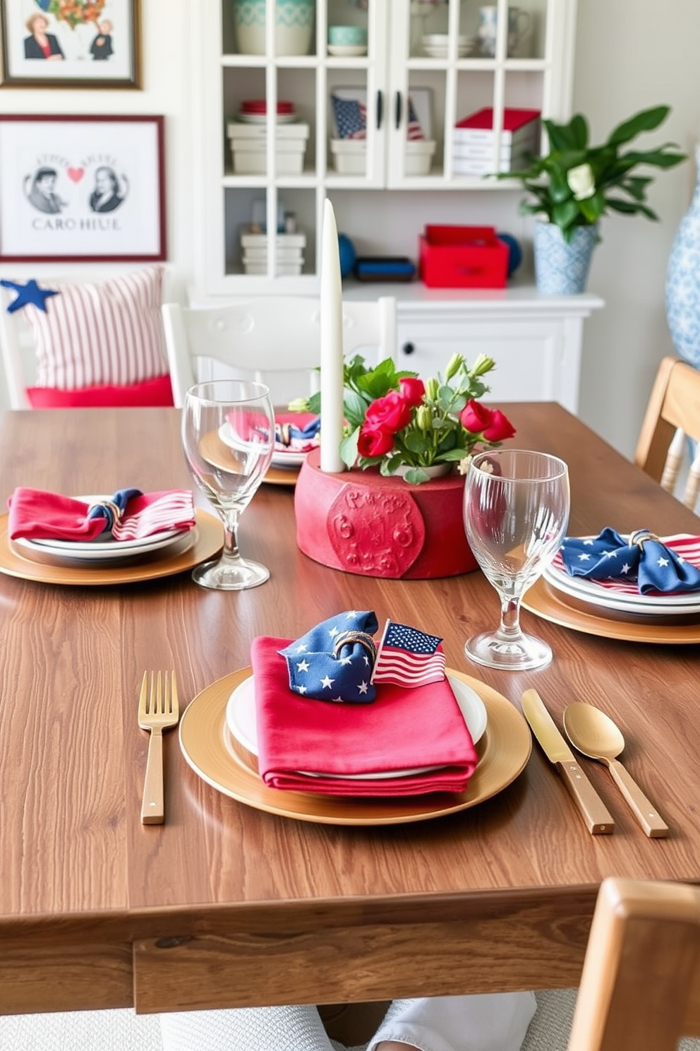 A festive table setting for Labor Day features a vibrant red and blue color scheme. The table is adorned with themed napkins displaying stars and stripes, complemented by rustic wooden tableware. Small space decorating ideas emphasize multifunctional furniture to maximize utility. Incorporate stylish storage solutions that blend seamlessly with the decor while maintaining an open and airy feel.