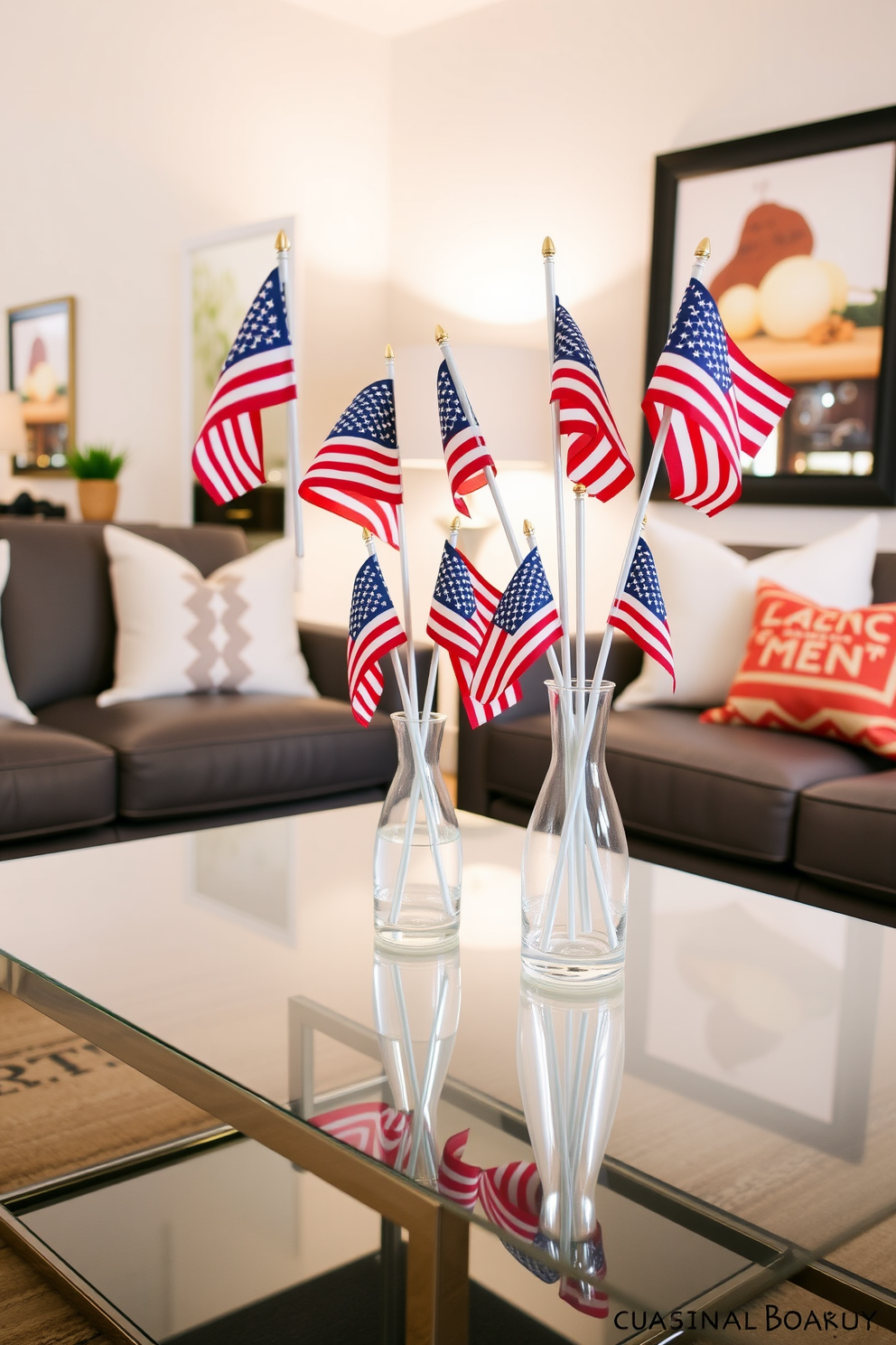 Miniature American flags are artfully arranged in elegant vases placed on a sleek coffee table. The vibrant flags add a festive touch to the cozy living room, which features comfortable seating and soft lighting. The decor is designed for small spaces, utilizing multifunctional furniture and clever storage solutions. Bright accents and strategic mirrors create an illusion of spaciousness while celebrating the spirit of Labor Day.