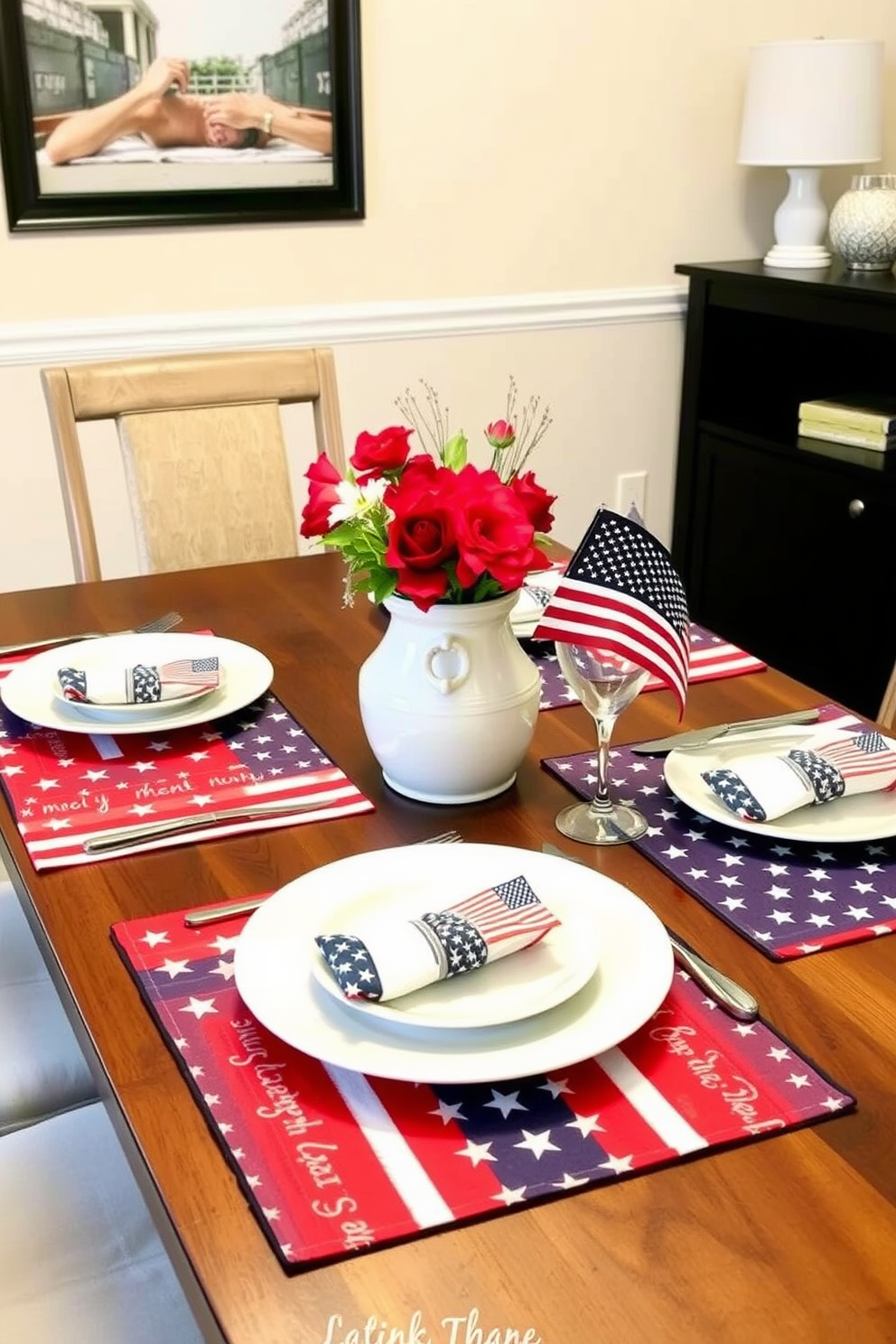 Patriotic themed placemats for dining area. The placemats feature bold red, white, and blue colors with stars and stripes patterns, adding a festive touch to the table setting. Labor Day small space decorating ideas. Incorporate multifunctional furniture pieces that maximize storage while maintaining a stylish aesthetic, using light colors to create an illusion of more space.