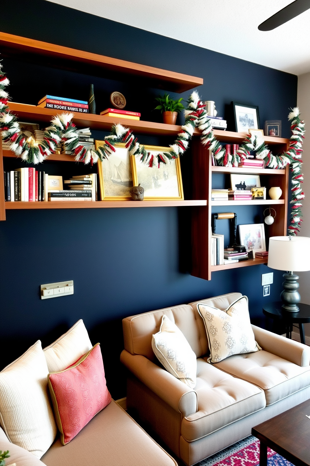 Create a cozy living room setting adorned with festive garlands hanging from wooden shelves. The shelves are filled with colorful books and small decorative items, creating a warm and inviting atmosphere. Incorporate Labor Day themes with subtle red, white, and blue accents throughout the space. A small, stylish seating area features a compact sofa and a coffee table, perfect for enjoying the holiday with friends and family.