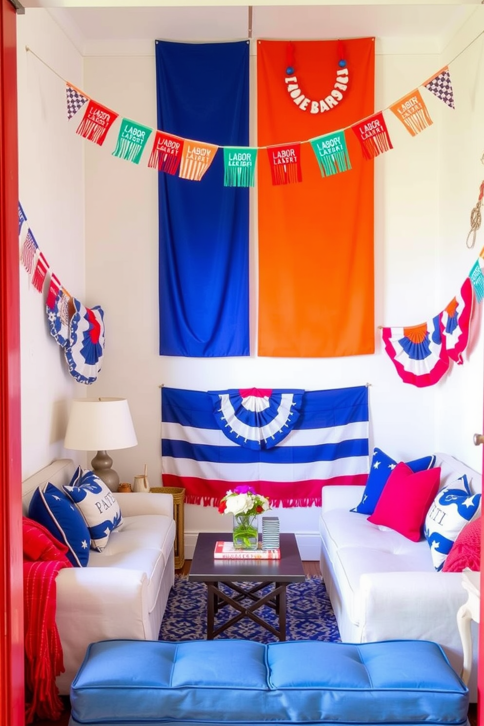 Colorful banners draped across the walls create a festive atmosphere perfect for Labor Day celebrations. The small space is efficiently decorated with vibrant accents and functional furniture that maximizes style and comfort.