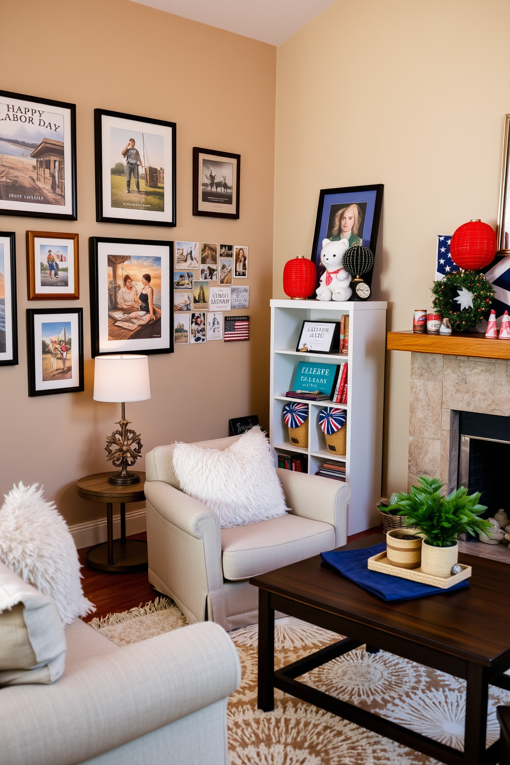 A cozy living room adorned with seasonal artwork celebrating Labor Day. The walls are decorated with framed prints depicting labor-themed imagery, while a small gallery wall showcases diverse artistic interpretations of the holiday. In the corner, a compact bookshelf displays festive decorations and books. A plush area rug anchors the space, and a comfortable seating arrangement invites relaxation and conversation.