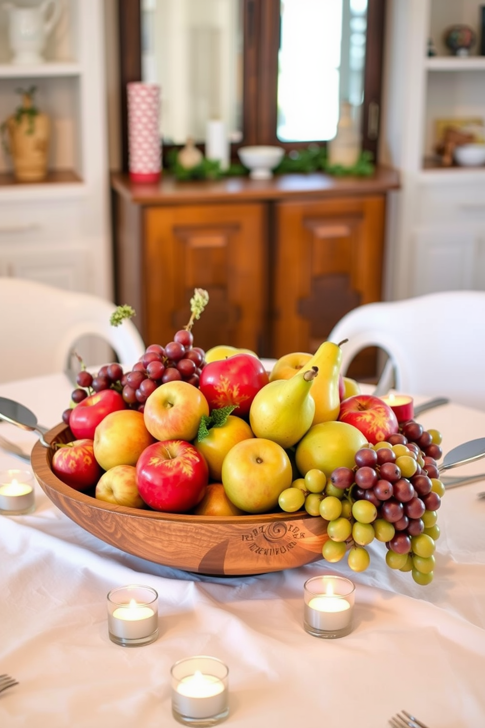 A vibrant table centerpiece featuring an assortment of seasonal fruits including apples, pears, and grapes arranged in a rustic wooden bowl. The centerpiece is complemented by a backdrop of soft white table linens and small candles flickering gently around the bowl. Creative small space decorating ideas that maximize functionality while maintaining a stylish aesthetic. Incorporate multi-purpose furniture pieces and use vertical storage solutions to create an inviting and organized environment.