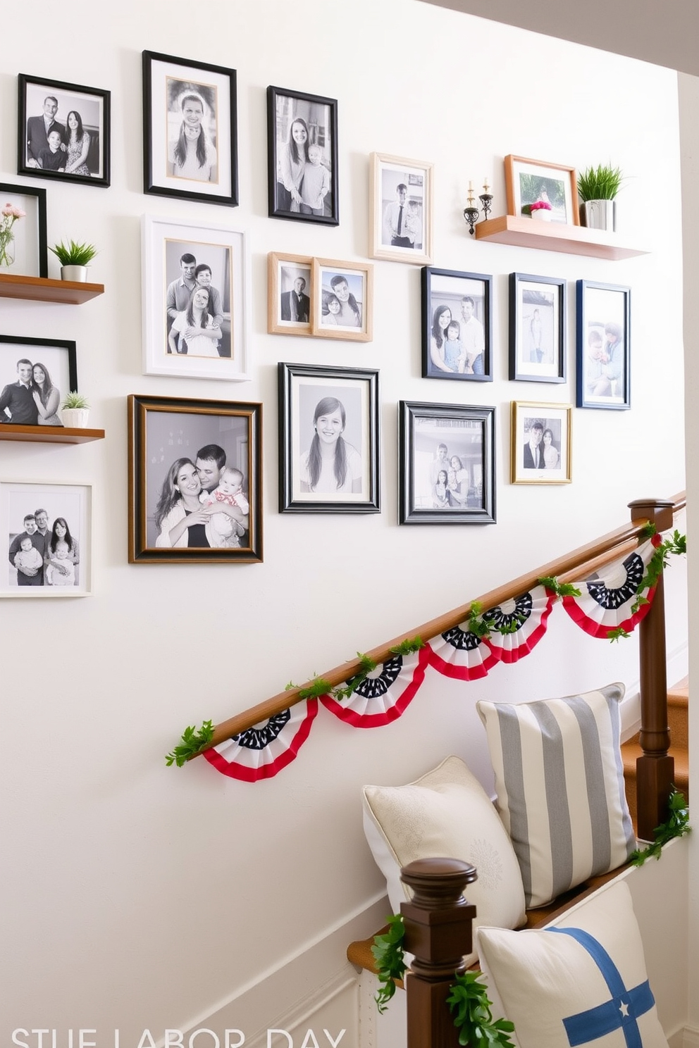 Create a gallery wall featuring a collection of family photos in various frames. The wall is painted in a soft white color to enhance the visual impact of the images. Incorporate decorative elements like shelves and small plants to add depth to the display. Use a mix of black and white photos alongside colorful ones for a dynamic effect. For Labor Day, decorate the staircase with festive garlands and small American flags. Add cozy elements like throw pillows on the steps to create an inviting atmosphere.