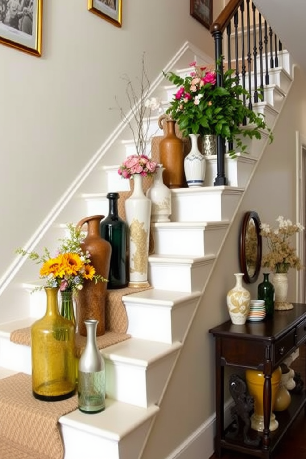 Create a stunning staircase decorated with a mix of vintage and modern vases. The vases should vary in size and shape, showcasing an eclectic collection of colors and textures that complement the surrounding decor. Position the vases strategically along the staircase, with some placed on the steps and others on the railing. Incorporate seasonal flowers or greenery to enhance the visual appeal and create a welcoming atmosphere.