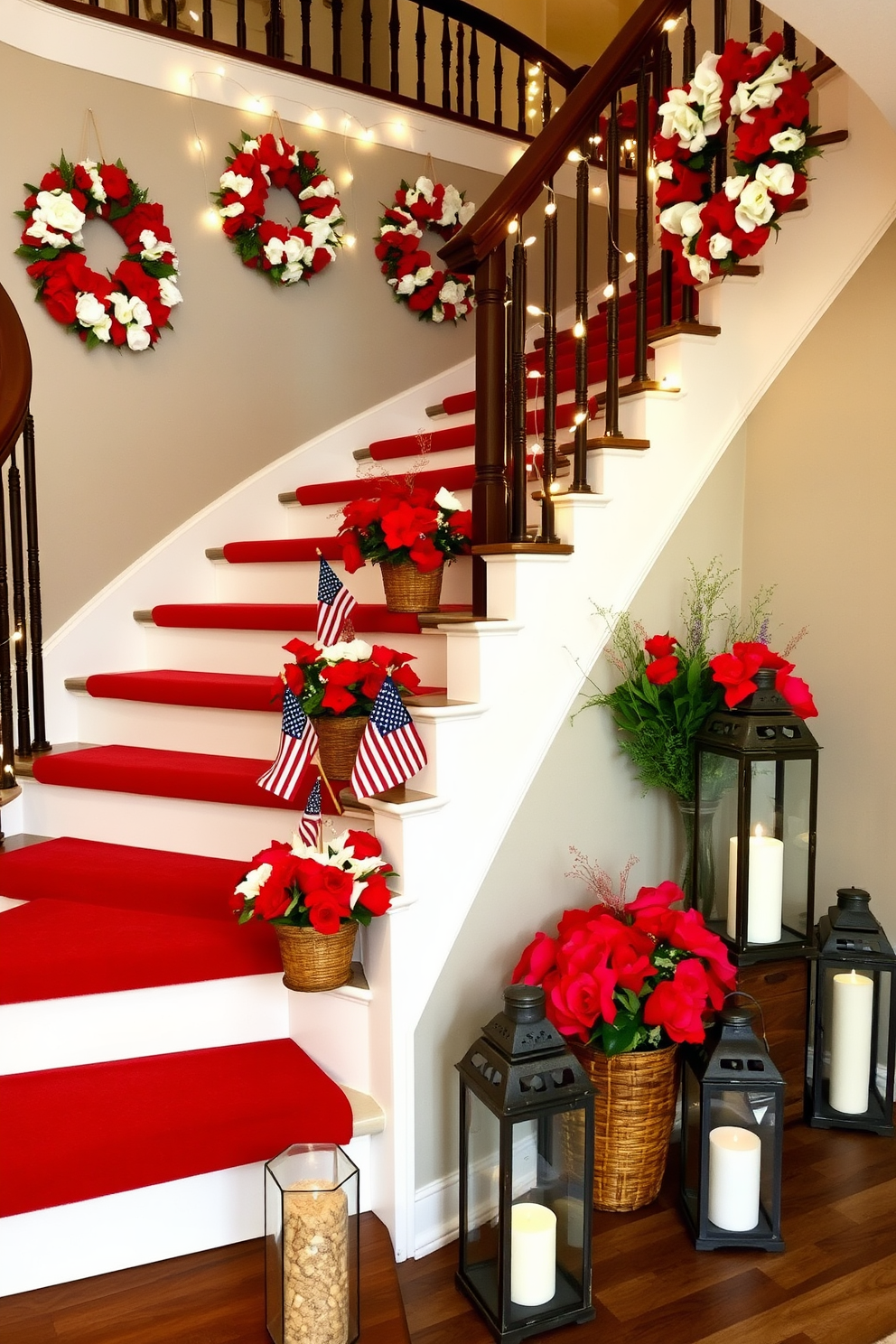 A striking staircase display themed for Labor Day features a rich red, white, and blue color palette. The stairs are adorned with small American flags and vibrant floral arrangements in rustic baskets, creating a festive atmosphere. Wreaths made of red and white flowers are hung on the wall alongside the staircase, complemented by string lights for a warm glow. Lanterns filled with sand and candles line the steps, adding a cozy touch to the overall design.