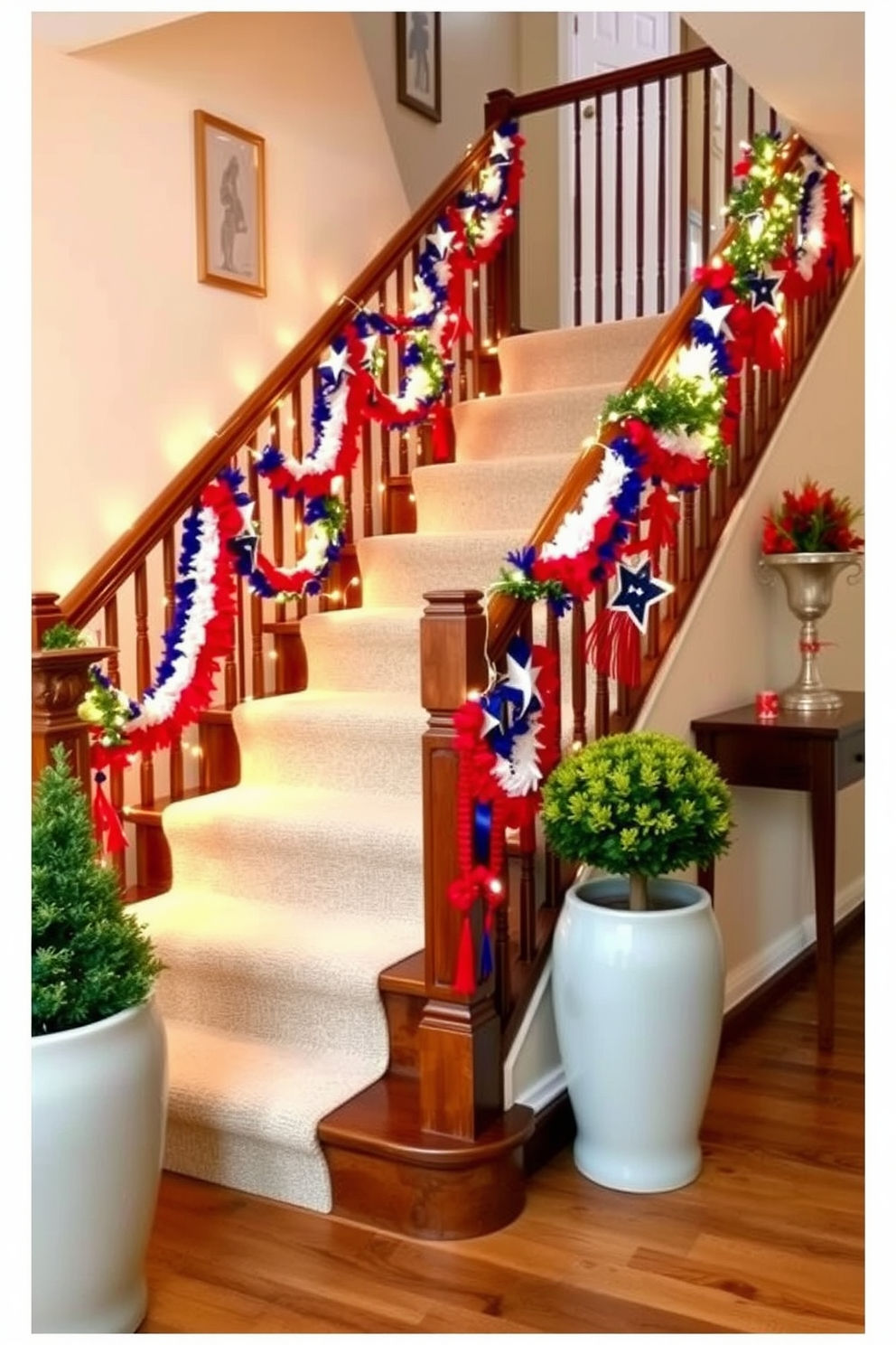 A beautifully decorated staircase adorned with elegant fairy lights that create a warm and inviting atmosphere. The staircase features a rich wooden railing and soft, neutral-toned runner that complements the surrounding decor. Labor Day decorations enhance the space with vibrant colors and festive elements. Seasonal accents like red, white, and blue garlands are draped along the banister, adding a cheerful touch to the overall design.