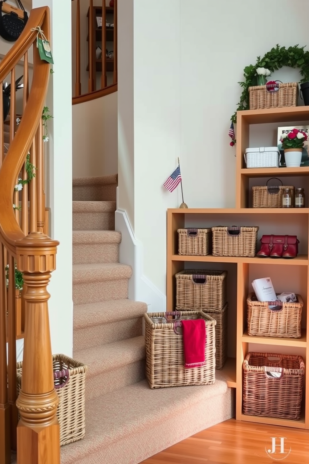 Create a warm and inviting staircase area that incorporates decorative baskets for storage. The staircase features a wooden railing and is adorned with seasonal decorations, including subtle Labor Day-themed accents like small flags and red, white, and blue flowers. The decorative baskets are placed strategically on the steps and adjacent shelves, adding both functionality and style. Soft lighting enhances the cozy atmosphere, highlighting the textures of the baskets and the seasonal decor.