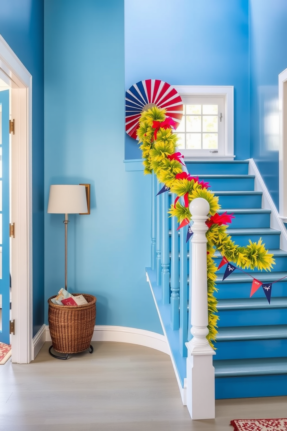 A vibrant staircase painted in a cheerful blue hue creates an inviting focal point in the entryway. Accents of white trim highlight the playful color, enhancing the overall aesthetic of the home. Brightly colored decorations and seasonal accents adorn the staircase, celebrating Labor Day with style. Festive garlands and small flags drape along the banister, adding a touch of holiday spirit.