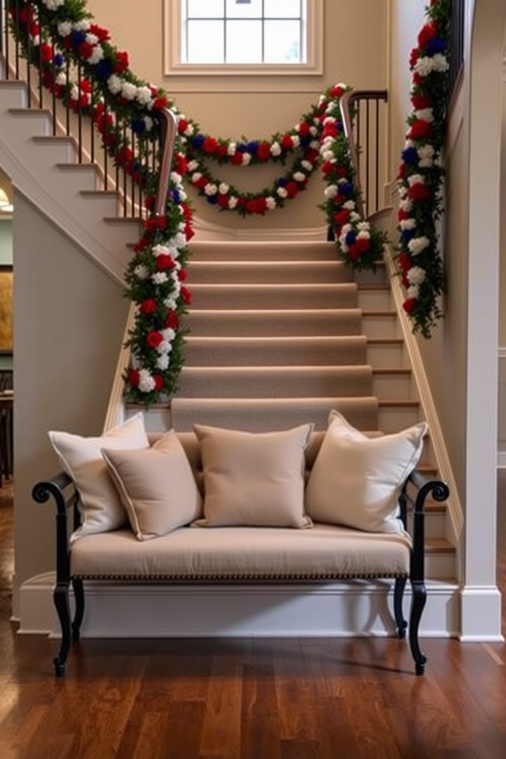 A cozy bench is placed at the bottom of a grand staircase, inviting relaxation and conversation. The bench features plush cushions in soft, neutral tones that complement the surrounding decor. The staircase is adorned with seasonal Labor Day decorations, including garlands of red, white, and blue flowers. Subtle lighting highlights the beauty of the staircase while creating a warm and welcoming atmosphere.