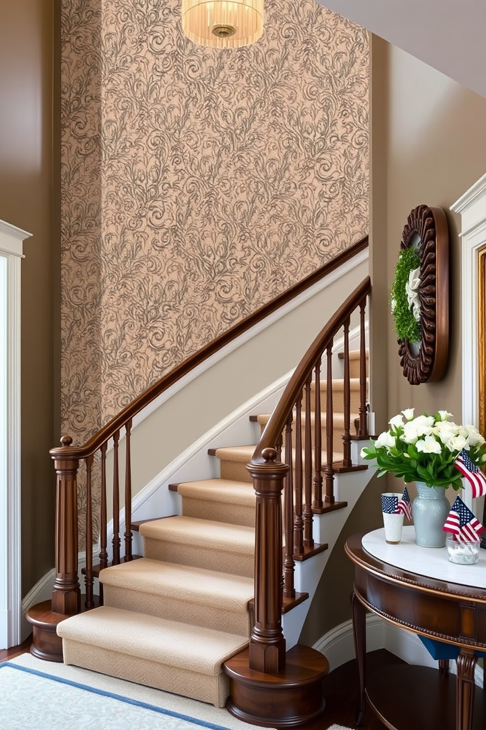 Create a stunning staircase featuring an accent wall adorned with intricate, patterned wallpaper that complements the overall decor. The staircase should have elegant wooden railings and plush carpeting, creating a warm and inviting atmosphere. Incorporate seasonal Labor Day decorations that include subtle red, white, and blue accents. Use tasteful arrangements of small flags and floral displays to enhance the festive yet sophisticated look of the space.