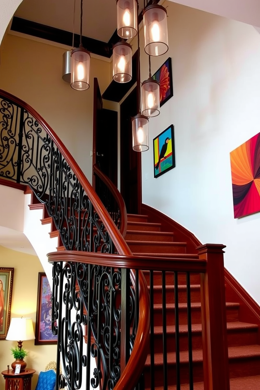 A stunning staircase adorned with a unique railing design that combines modern and traditional elements. The railing features intricate wrought iron details, while the wooden banister showcases a rich mahogany finish that complements the surrounding decor. The staircase is illuminated by elegant pendant lights that hang gracefully above. Vibrant artwork lines the walls, adding a splash of color and personality to the space, creating an inviting atmosphere for guests.