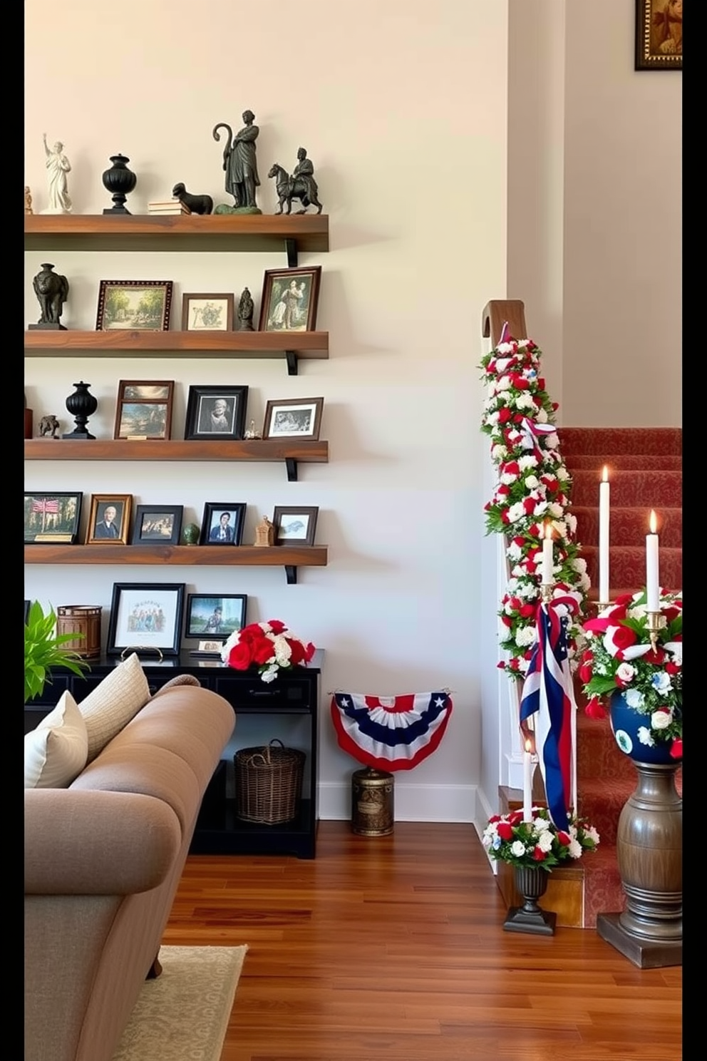 Display travel souvenirs on shelves in a cozy living room setting. The shelves are made of reclaimed wood and are filled with various mementos from around the world, including small sculptures, framed photographs, and unique trinkets. Incorporate Labor Day decorations along a grand staircase. The staircase is adorned with red, white, and blue accents, including garlands of flowers, festive banners, and strategically placed candles to create a warm and inviting atmosphere.