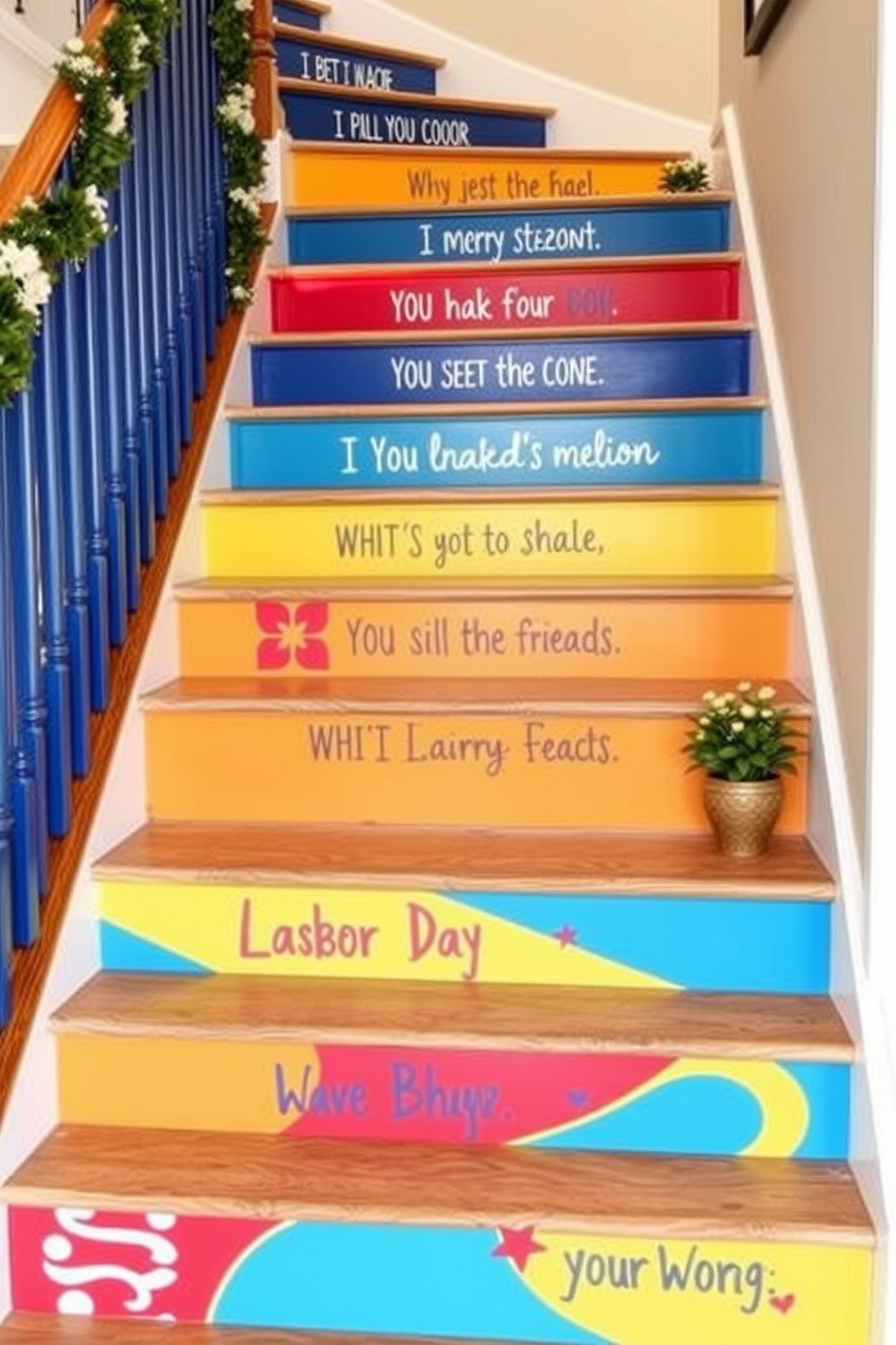 Create a vibrant staircase design featuring painted risers in bold colors such as deep blue, bright yellow, and rich red. The risers should be adorned with playful patterns or motivational quotes to enhance the festive Labor Day spirit. Incorporate decorative elements like seasonal garlands or small potted plants on the staircase landing. Use warm lighting to highlight the colorful risers and create an inviting atmosphere.