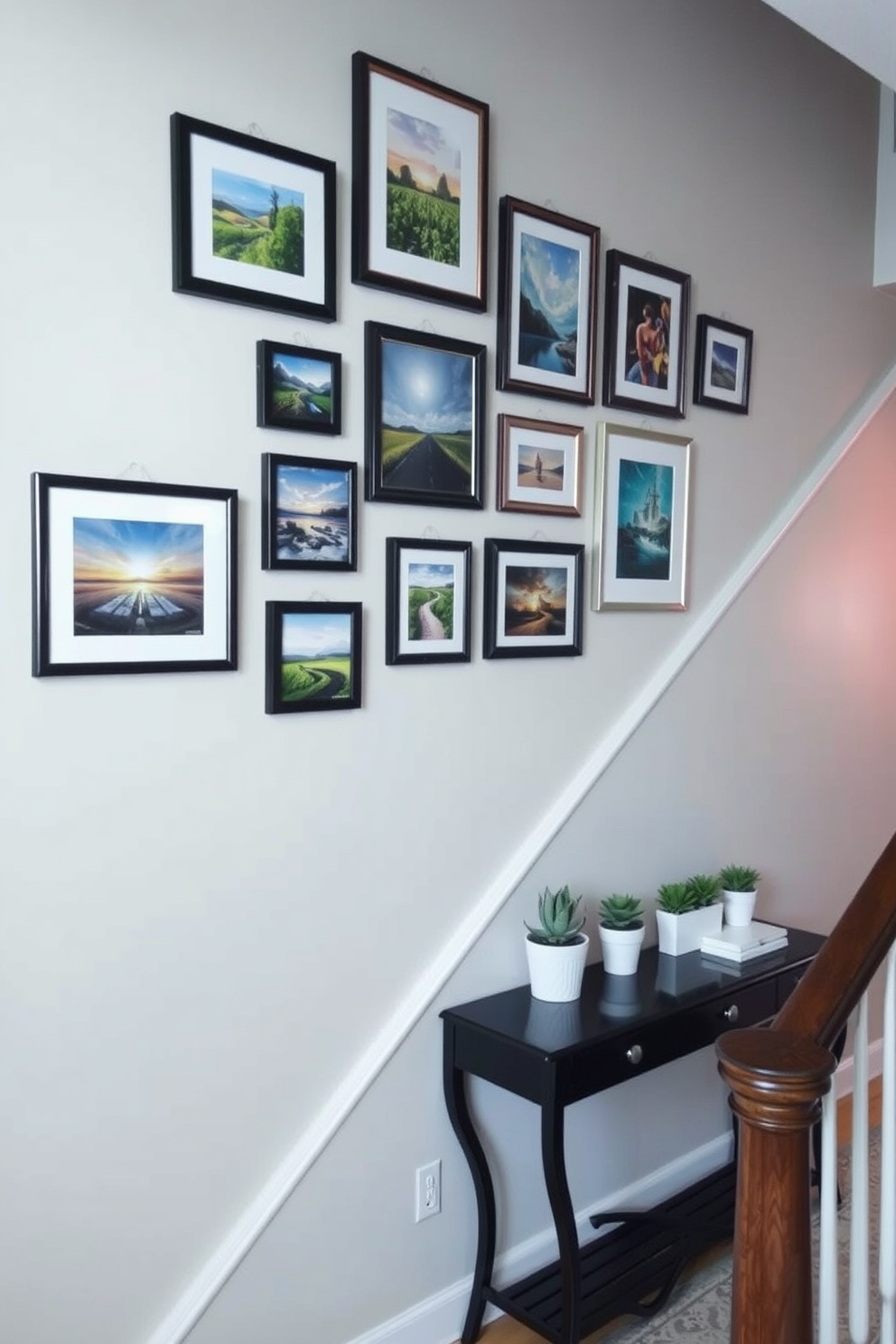 A mini gallery of artwork is displayed on a staircase wall, featuring a series of framed prints in varying sizes arranged in a visually pleasing layout. The artwork includes vibrant landscapes and abstract pieces that complement the neutral tones of the staircase. Decorative elements such as small potted plants and a stylish console table are placed at the base of the staircase, enhancing the overall aesthetic. Soft lighting illuminates the gallery, creating a warm and inviting atmosphere for guests.