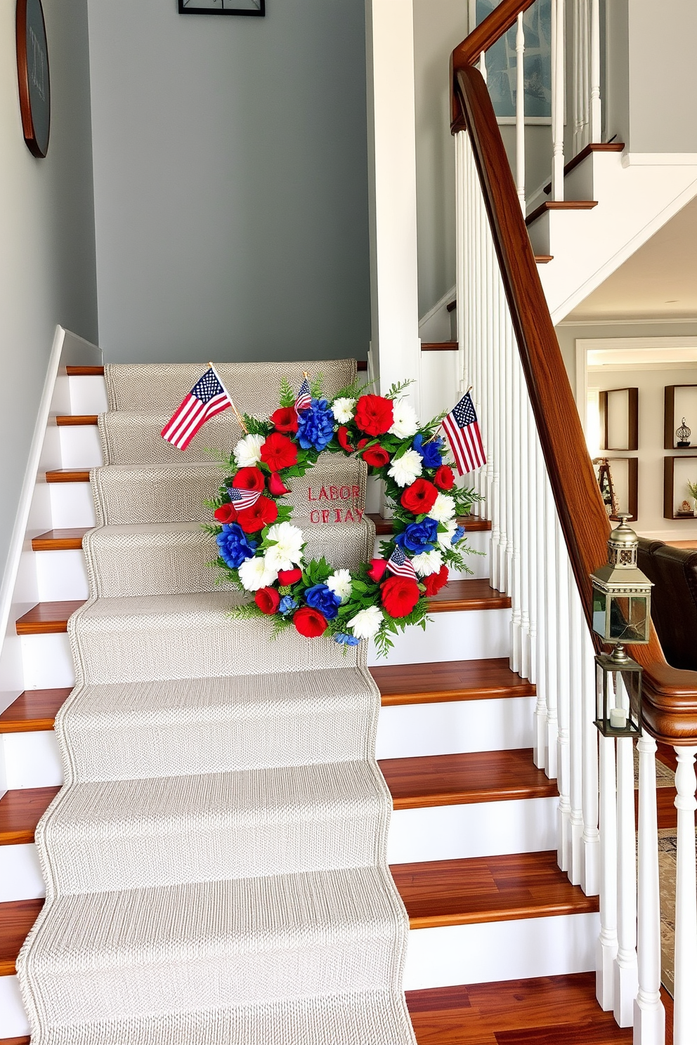 A welcoming staircase adorned with a seasonal wreath that celebrates Labor Day. The wreath is crafted from vibrant red, white, and blue flowers, complemented by small American flags, creating a festive atmosphere. The staircase is dressed with a cozy runner in neutral tones that contrasts beautifully with the wooden steps. Along the railing, small decorative lanterns are placed, adding a warm glow to the space.